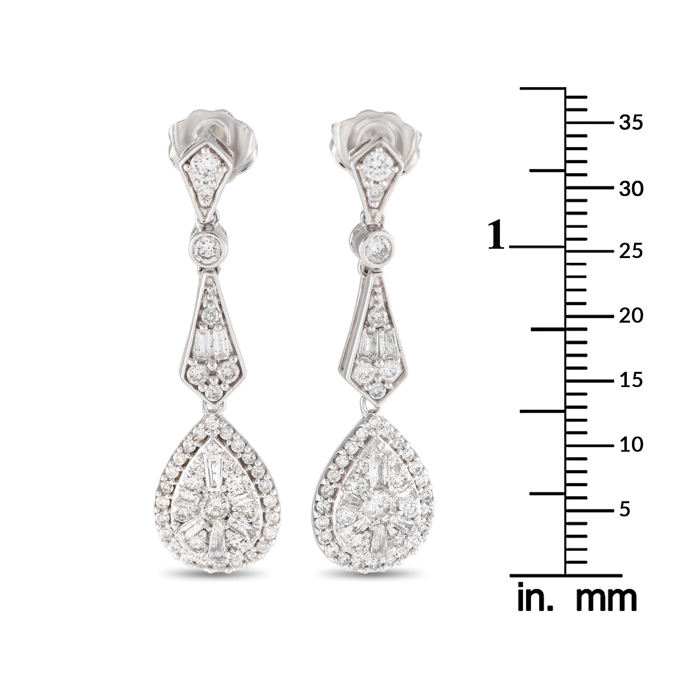 Round Cut 14K White Gold 1.0ct Diamond Art Deco Drop Earrings For Sale