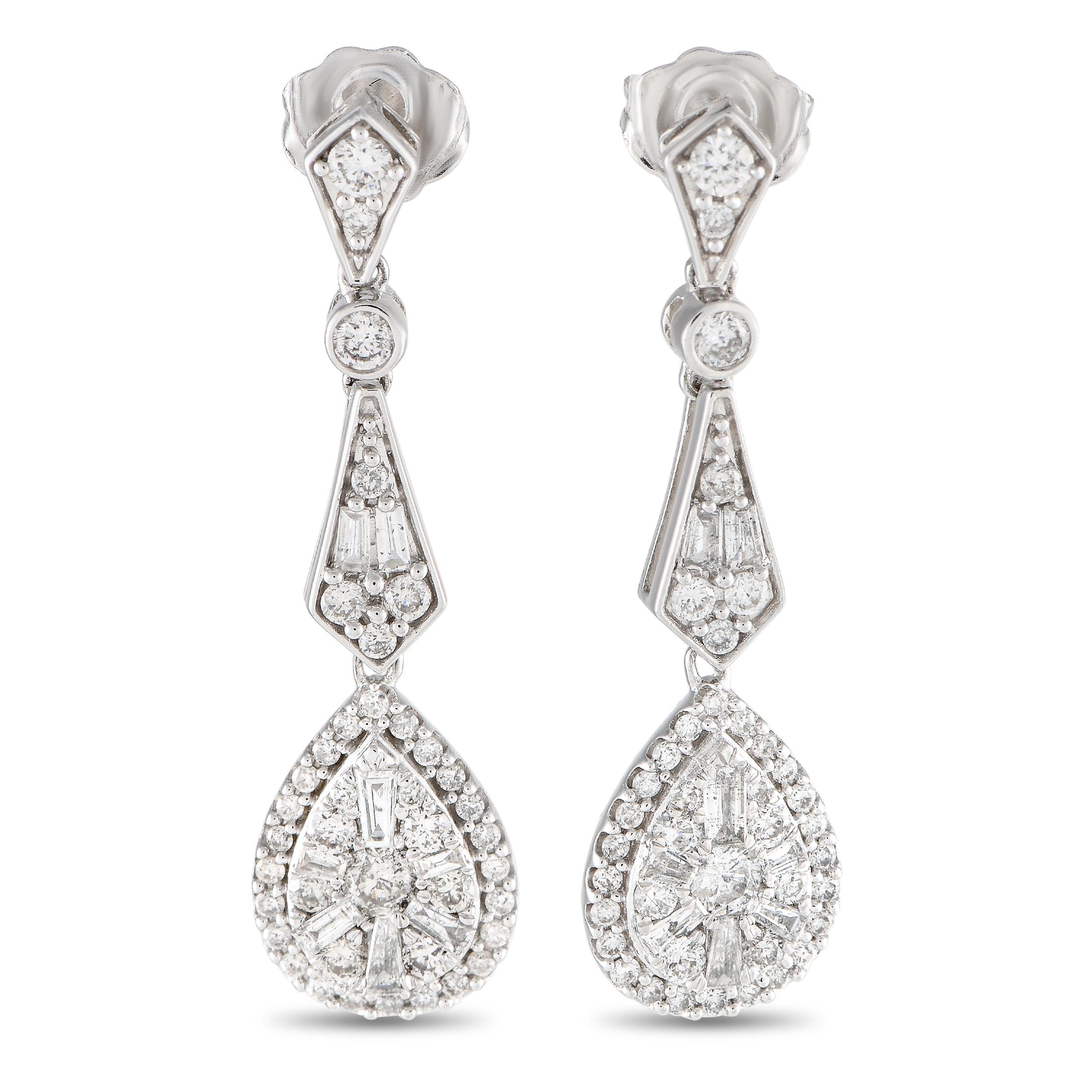 14K White Gold 1.0ct Diamond Art Deco Drop Earrings In New Condition For Sale In Southampton, PA