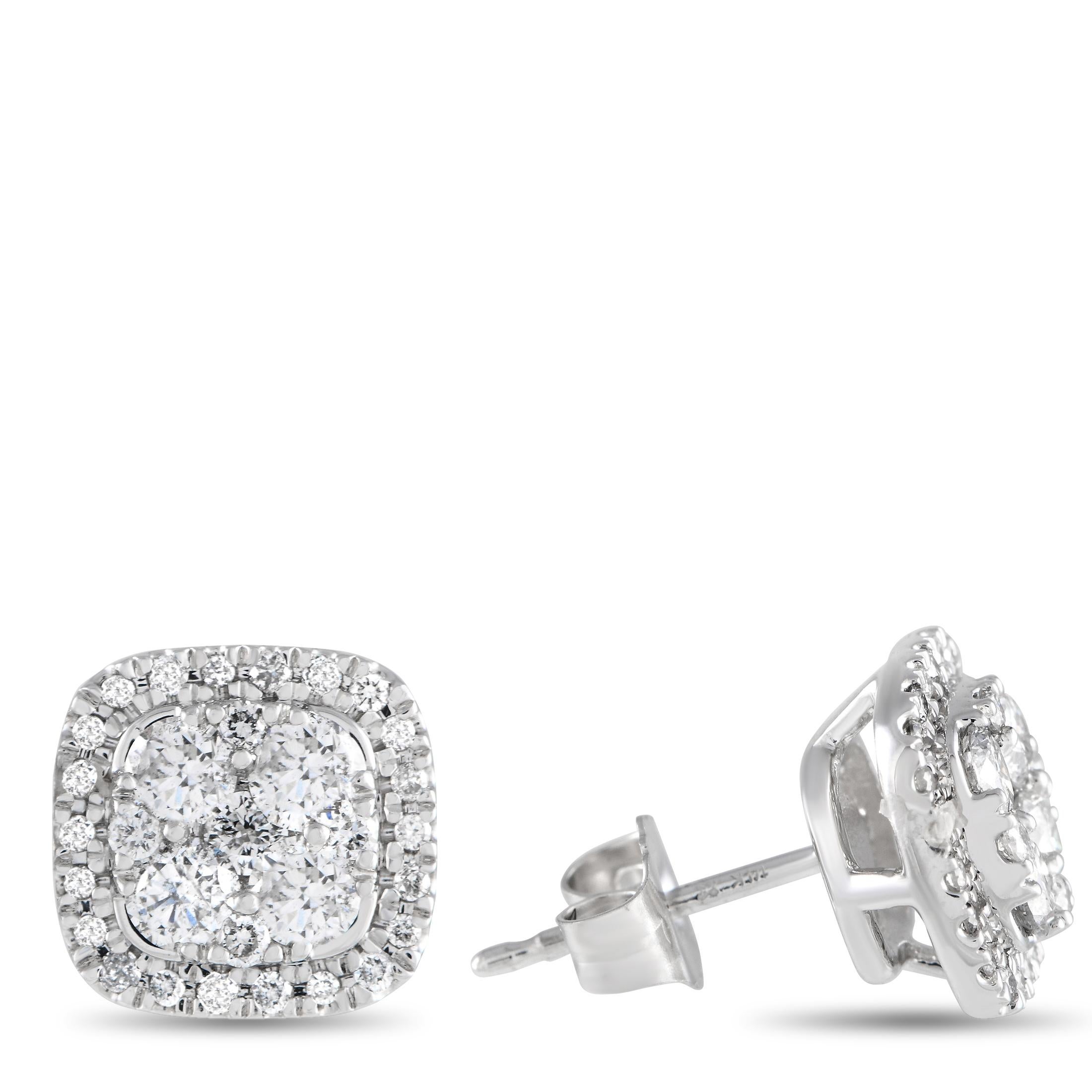 The diamond cluster design of these cushion-shaped stud earrings guarantees heightened sparkle and shine. This pair, cast in 14K white gold and with a petite size, can be worn for work or play, dressed up or down.This brand new pair of 14K White
