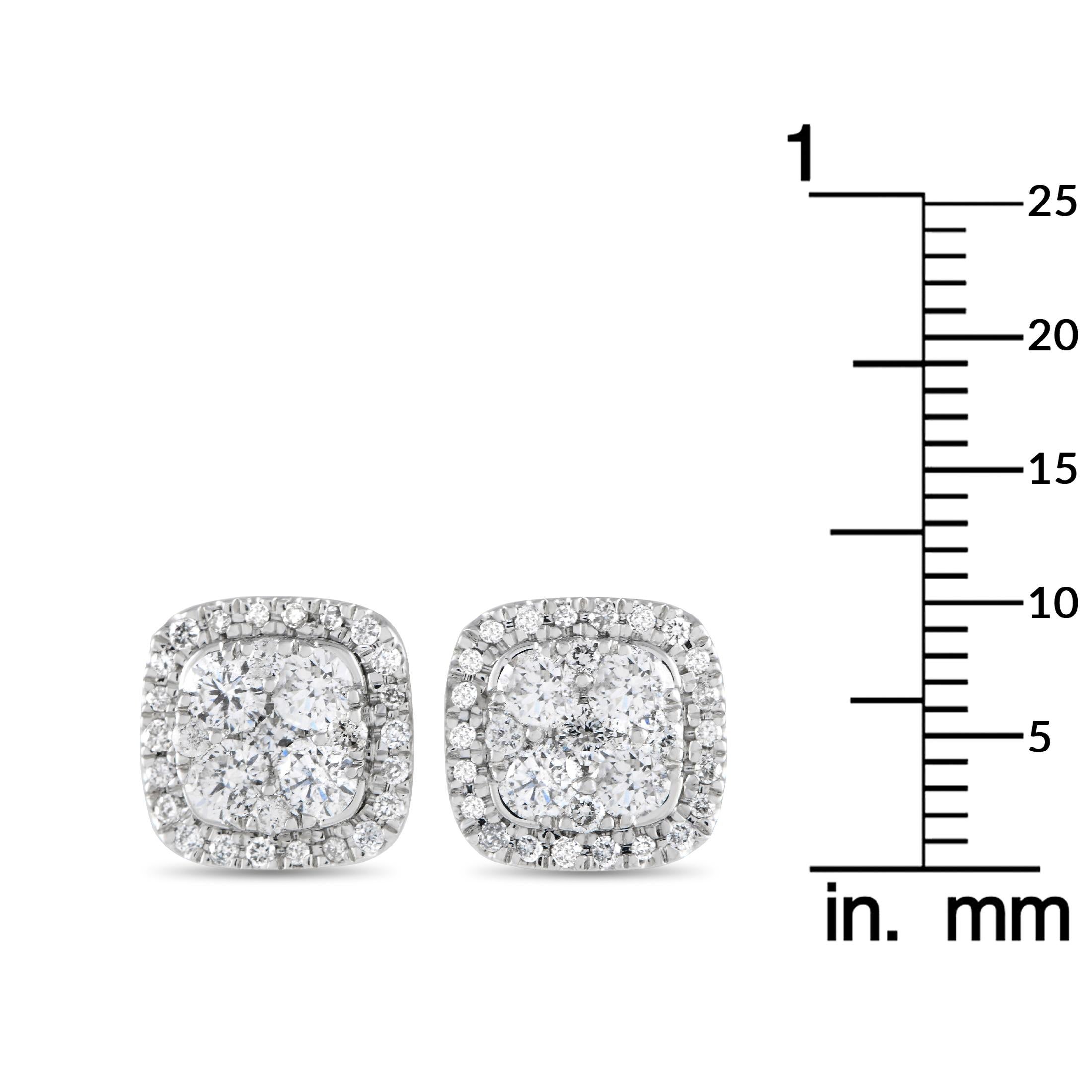 Round Cut 14K White Gold 1.0ct Diamond Cushion Cluster Earrings