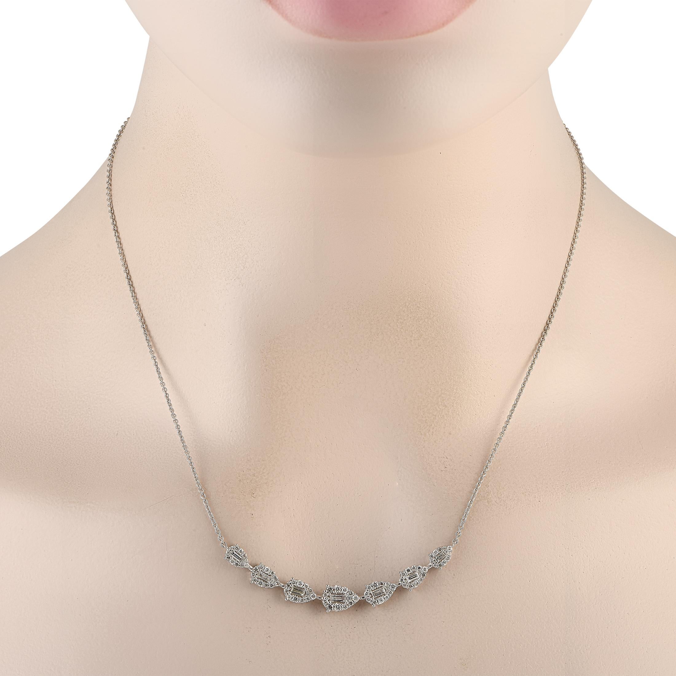 Start a trend with this charming diamond necklace. An LB Exclusive, it features a 14K white gold chain measuring 16 inches long. The necklace holds a series of tapering pear-shaped motifs in an east-west setting, with edges traced by round diamonds