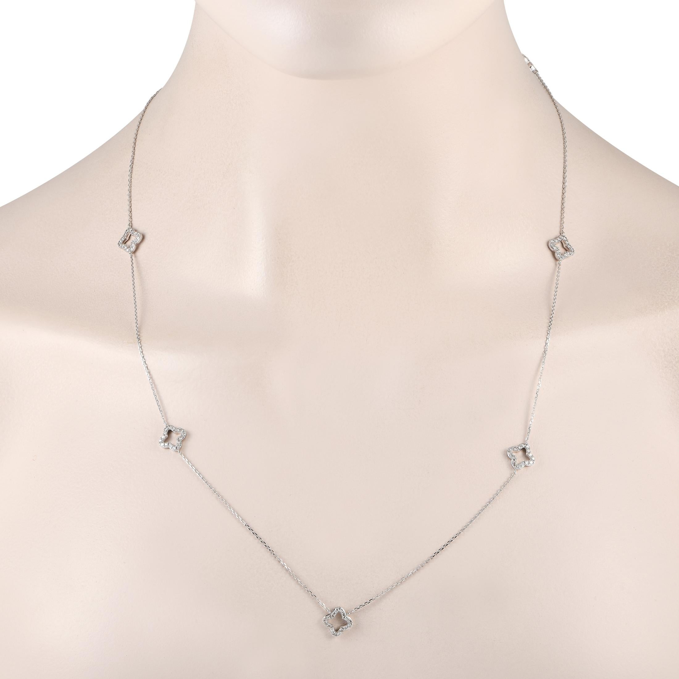 Effortlessly and confidently elevate your style with this diamond station necklace. It features a white gold chain with diamond-studded quatrefoil motifs set at evenly-spaced stations or points of the chain. The delicate silhouette and relaxed style