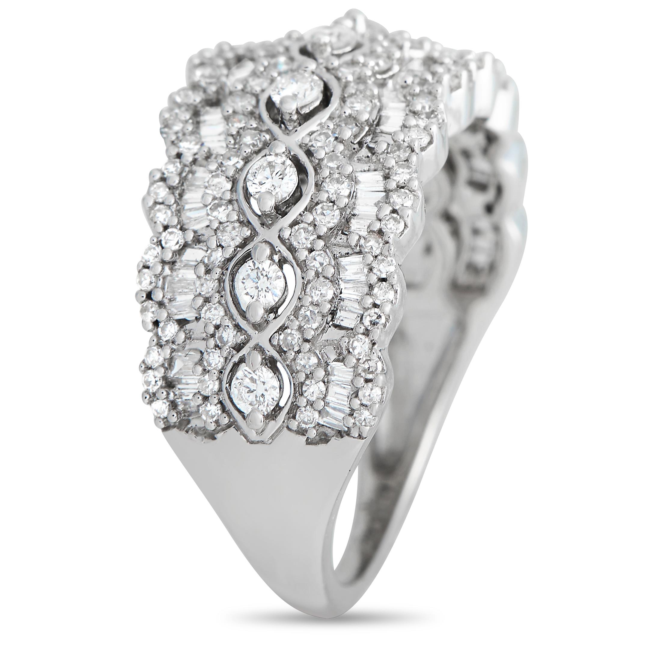 This opulent 14K white gold ring will continually make a statement. A dazzling array of diamonds totaling 1.0 carats allow it to effortlessly catch the light. This piece features a band width and top height both measuring 3mm.This jewelry piece is