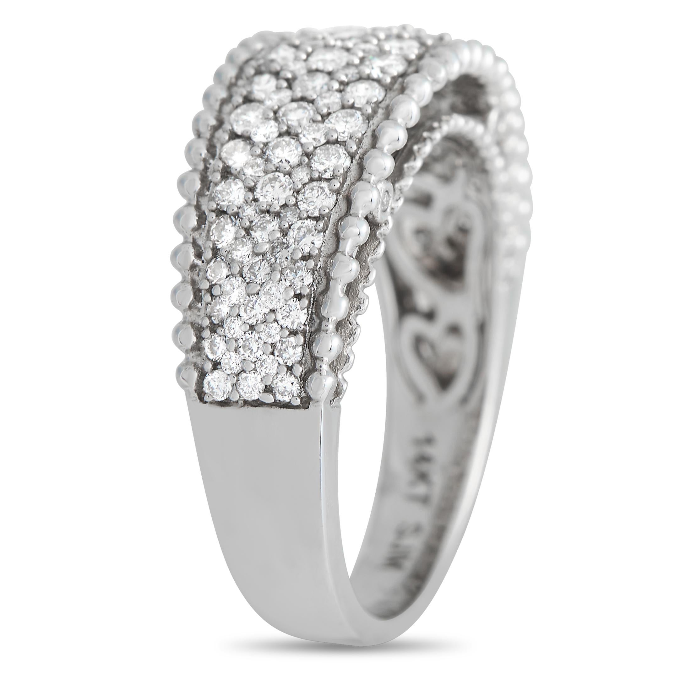 Sparkling Diamonds with a total weight of 1.0 carats are elevated by millegrain detailing on this sleek, sophisticated ring. Crafted from 14K White Gold, a 3mm wide band and a 5mm top height makes it ideal for everyday wear.This jewelry piece is