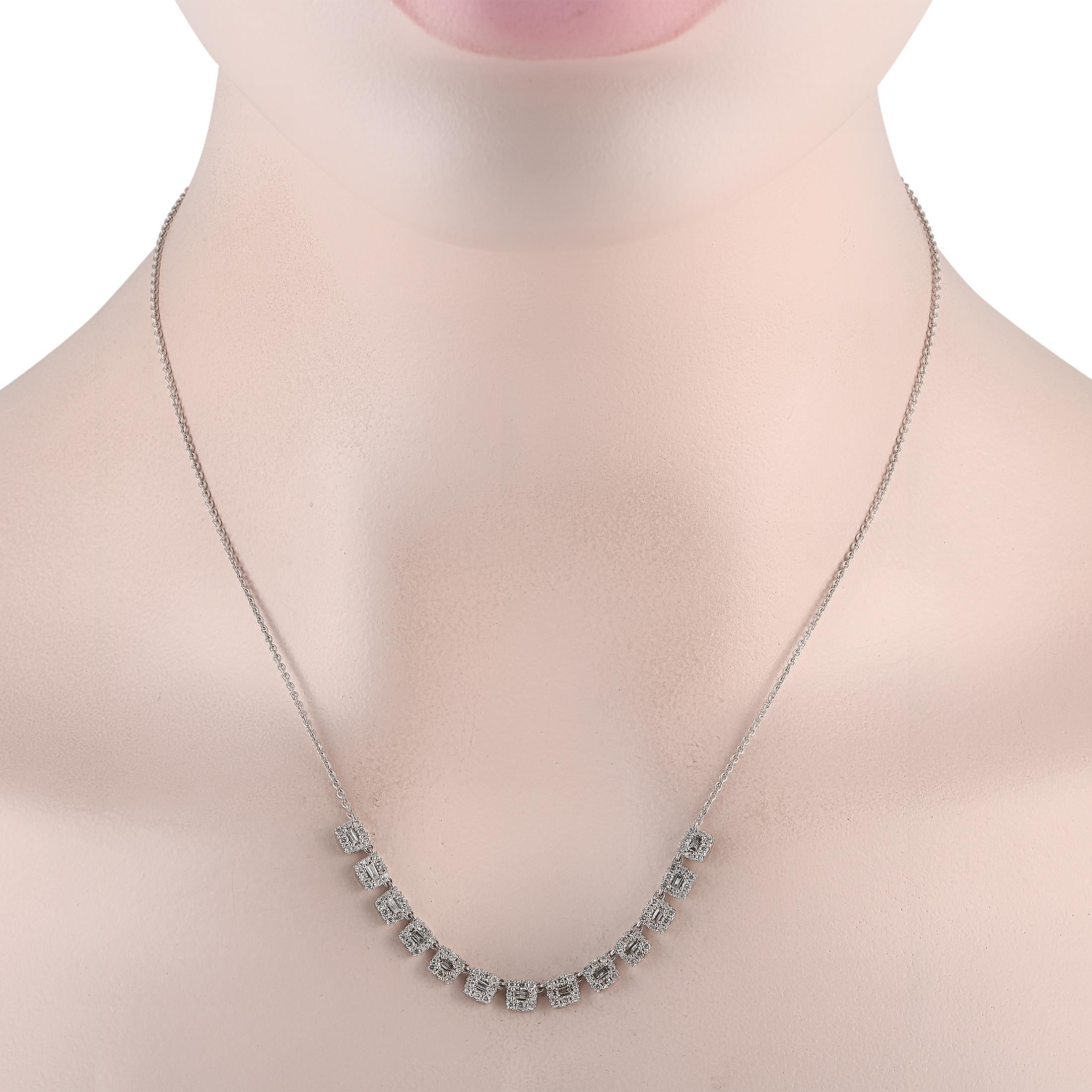 Here is a modern diamond fringe necklace to help you keep your accessorizing game interesting and fresh. This white gold piece features a series of short and square-shaped fringes that suspend from the chain. Each fringe features a step-cut diamond