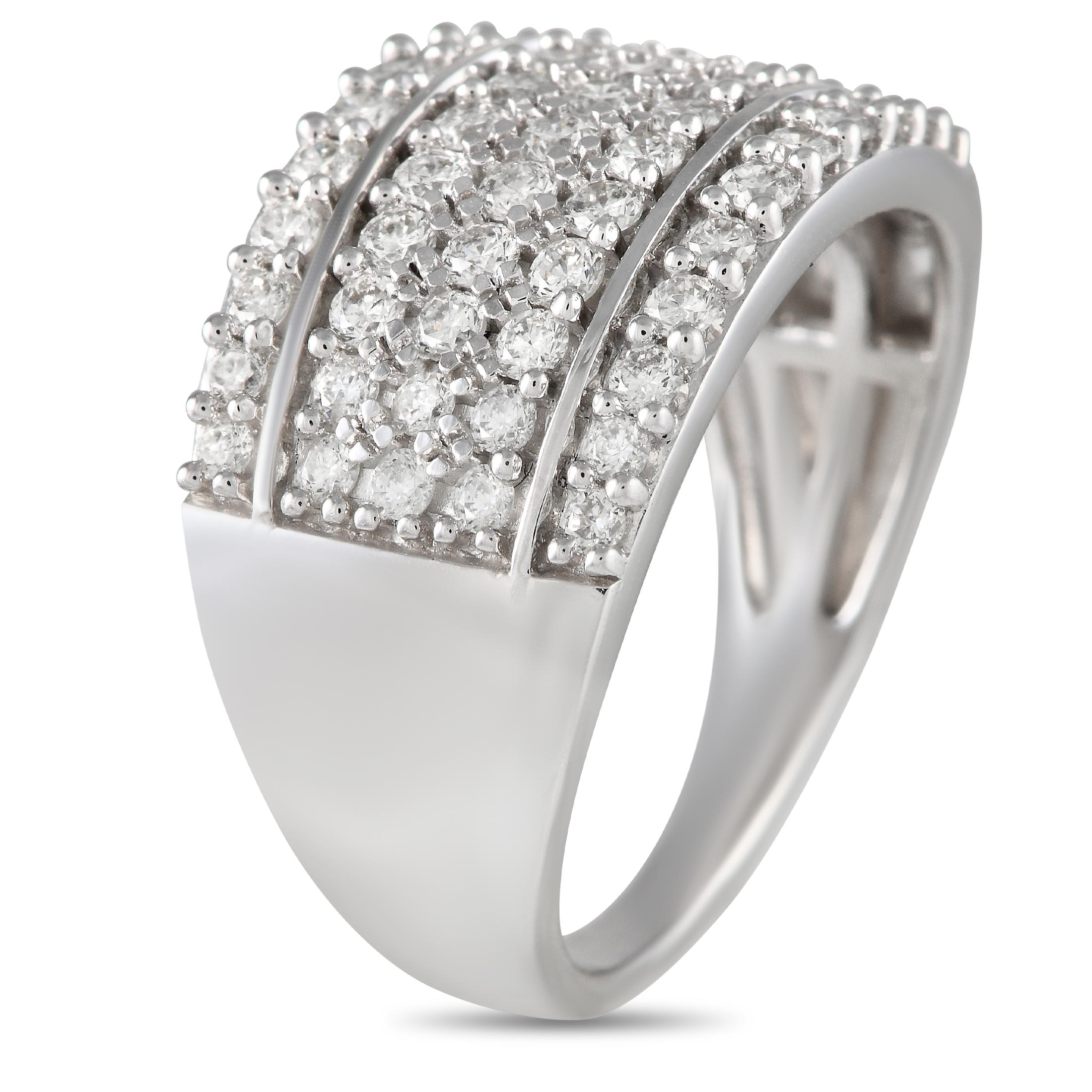 Delivering maximum sparkle and impact, this wide-band diamond ring shimmers with five rows of diamonds totaling 1 carat weight. The band tapers in width towards the back for a comfortable fit. The ring's top dimensions measure 16mm by 12mm.A gift