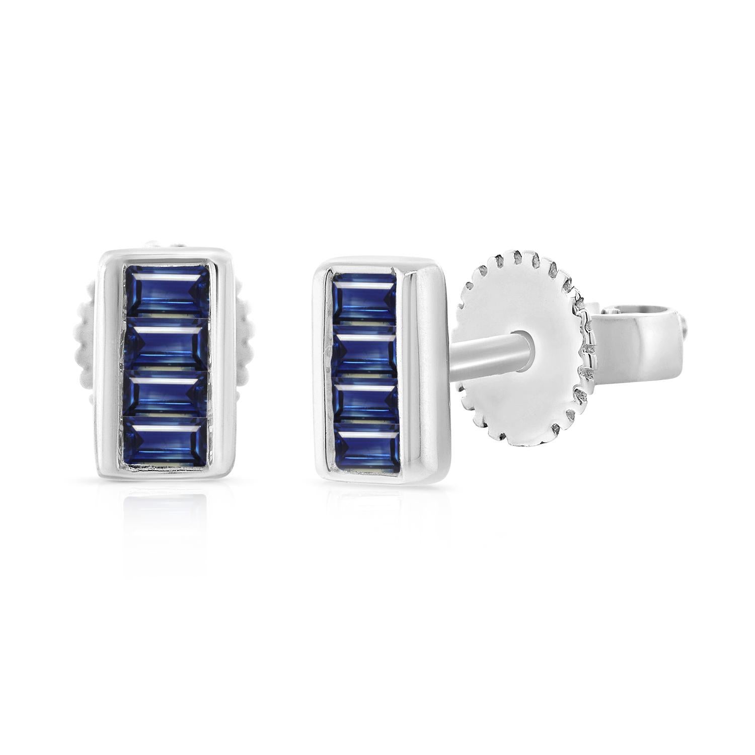 Baguette Cut 14K White Gold .10ct Sapphire Baguette Stud Earrings for Her For Sale
