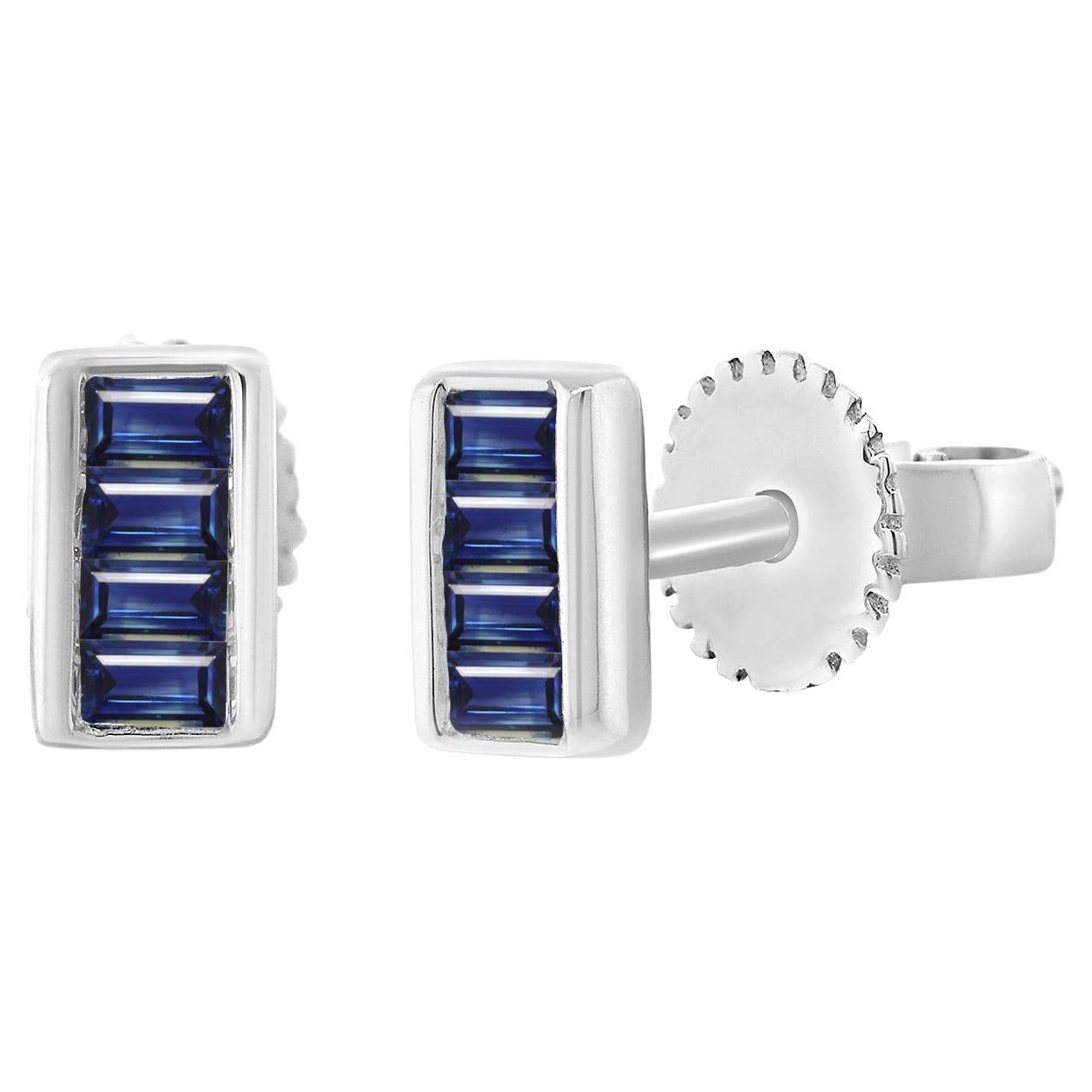 14K White Gold .10ct Sapphire Baguette Stud Earrings for Her For Sale