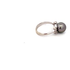 14K White Gold 10mm Black South Sea Pearl Diamond Ring 0.30 Carats