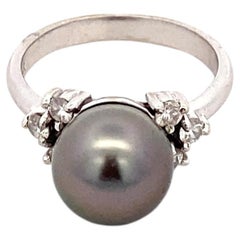 14K White Gold 10mm Black South Sea Pearl Diamond Ring 0.30 Carats