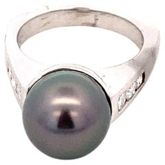 14K White Gold 10mm Black South Sea Pearl Diamond Ring 0.30 Carats