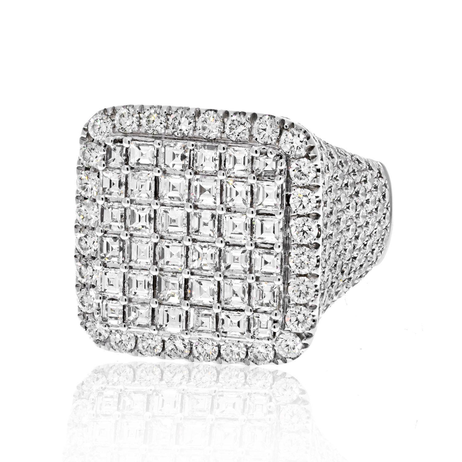 Bague pour homme en or blanc 14 carats avec diamants taille ronde et carrée de 11 carats en grappe Neuf - En vente à New York, NY