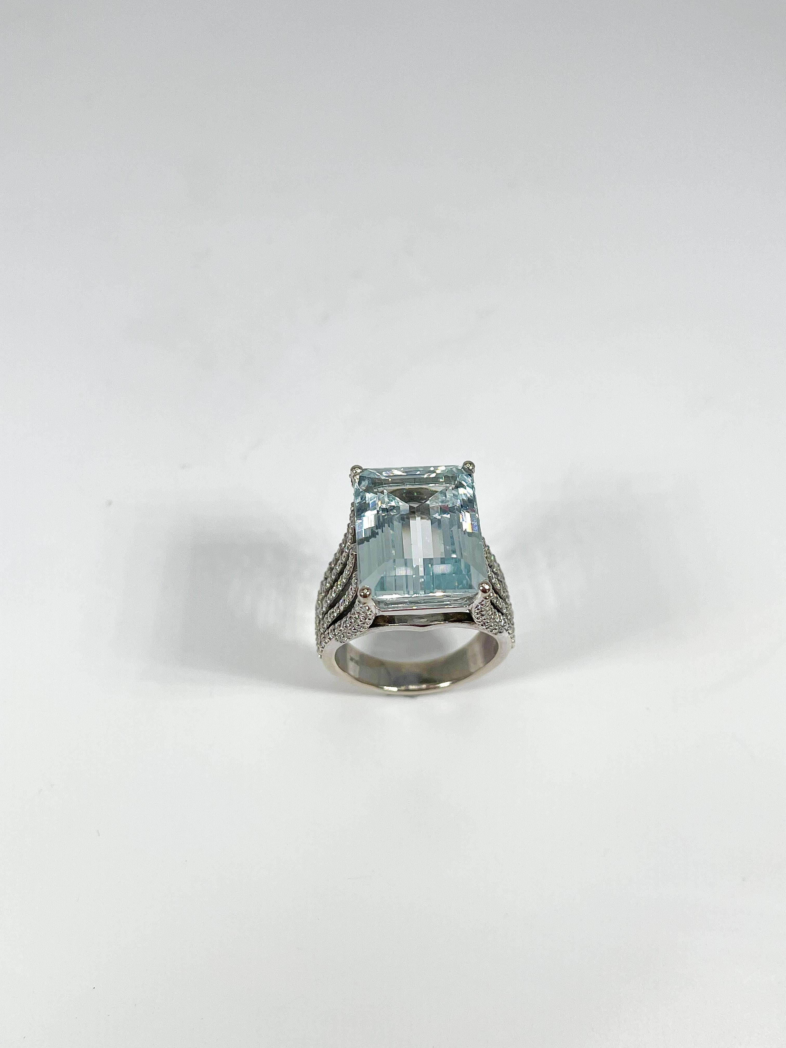 Emerald Cut 14K White Gold 11 CTW Emerald Aquamarine and 5 Row 1.50 CTW Diamond Fashion Ring For Sale