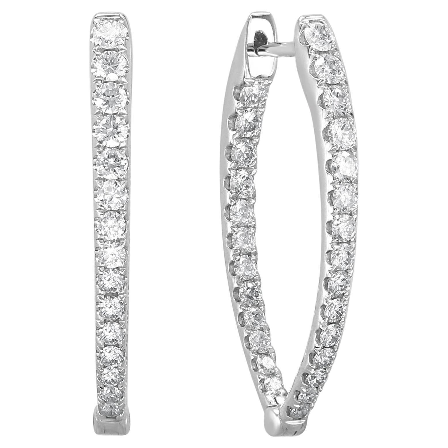 14K White Gold 1.10ct Diamond Inside Out Oval Hoop Earrings for Her For Sale