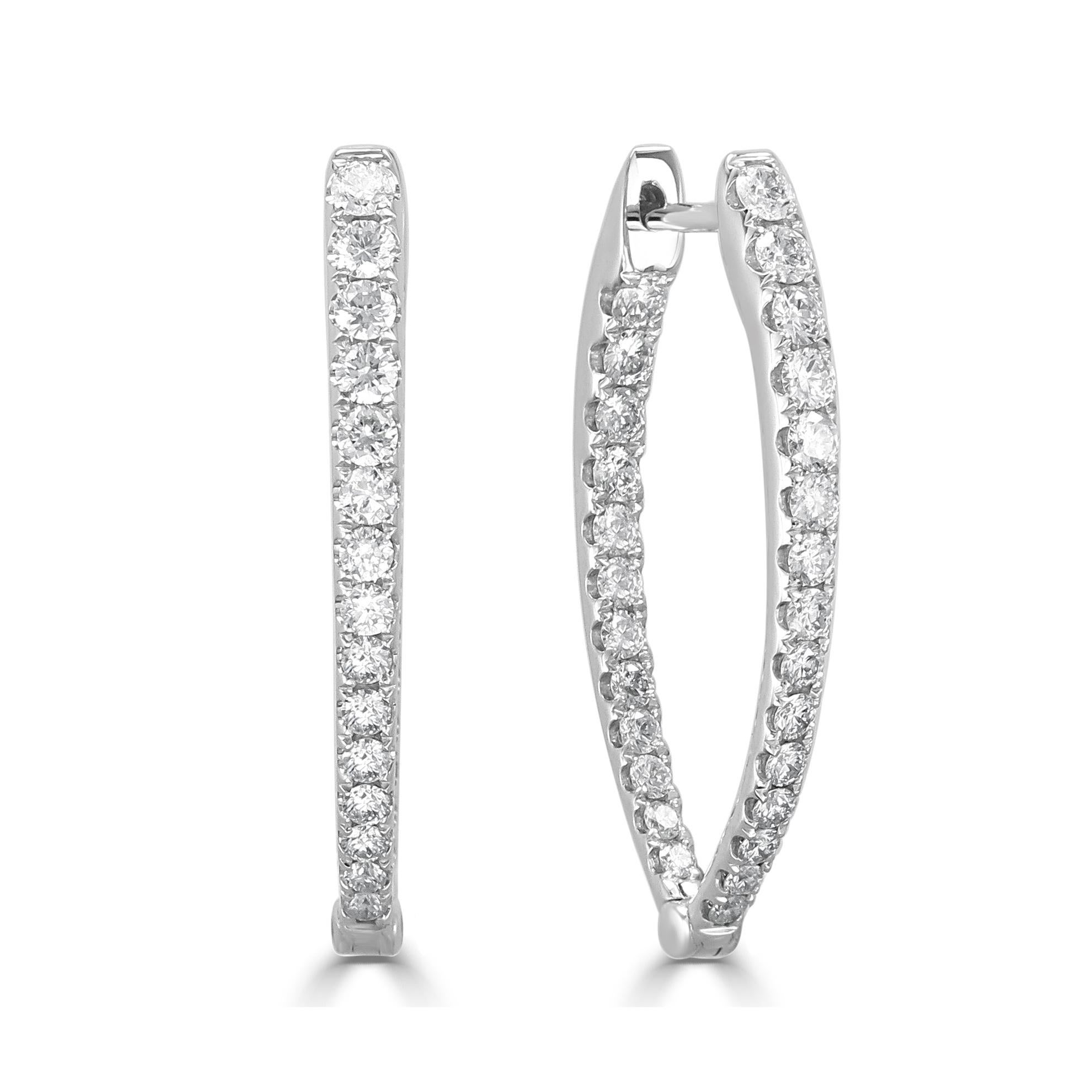 Baguette Cut 14K White Gold 1.10ct Diamond Inside Out Oval Hoop Earrings for Her For Sale