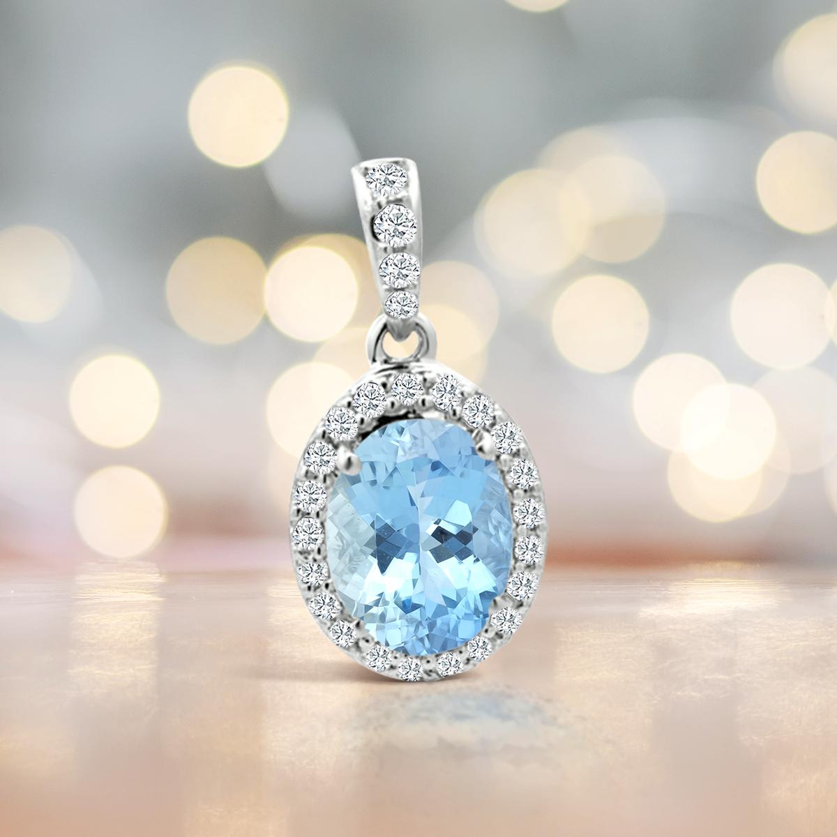 Oval Cut 14K White Gold 1.10cts Aquamarine and Diamond Pendant, Style#TS1247AQP 21064/7 For Sale