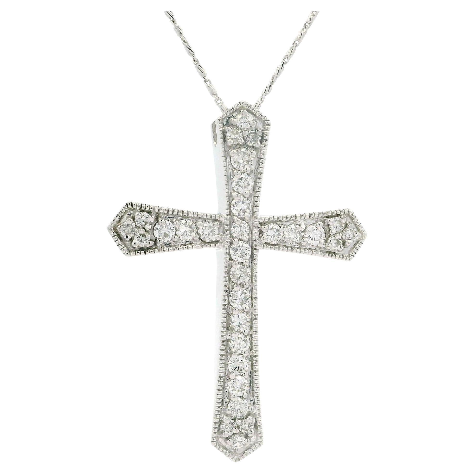 14k White Gold 1.10ctw Diamond Milgrain Large Cross Pendant 18" Chain Necklace