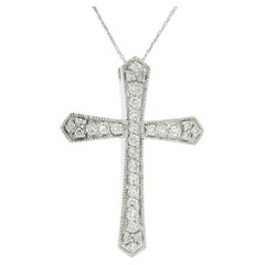 14k White Gold 1.10ctw Diamond Milgrain Large Cross Pendant 18" Chain Necklace