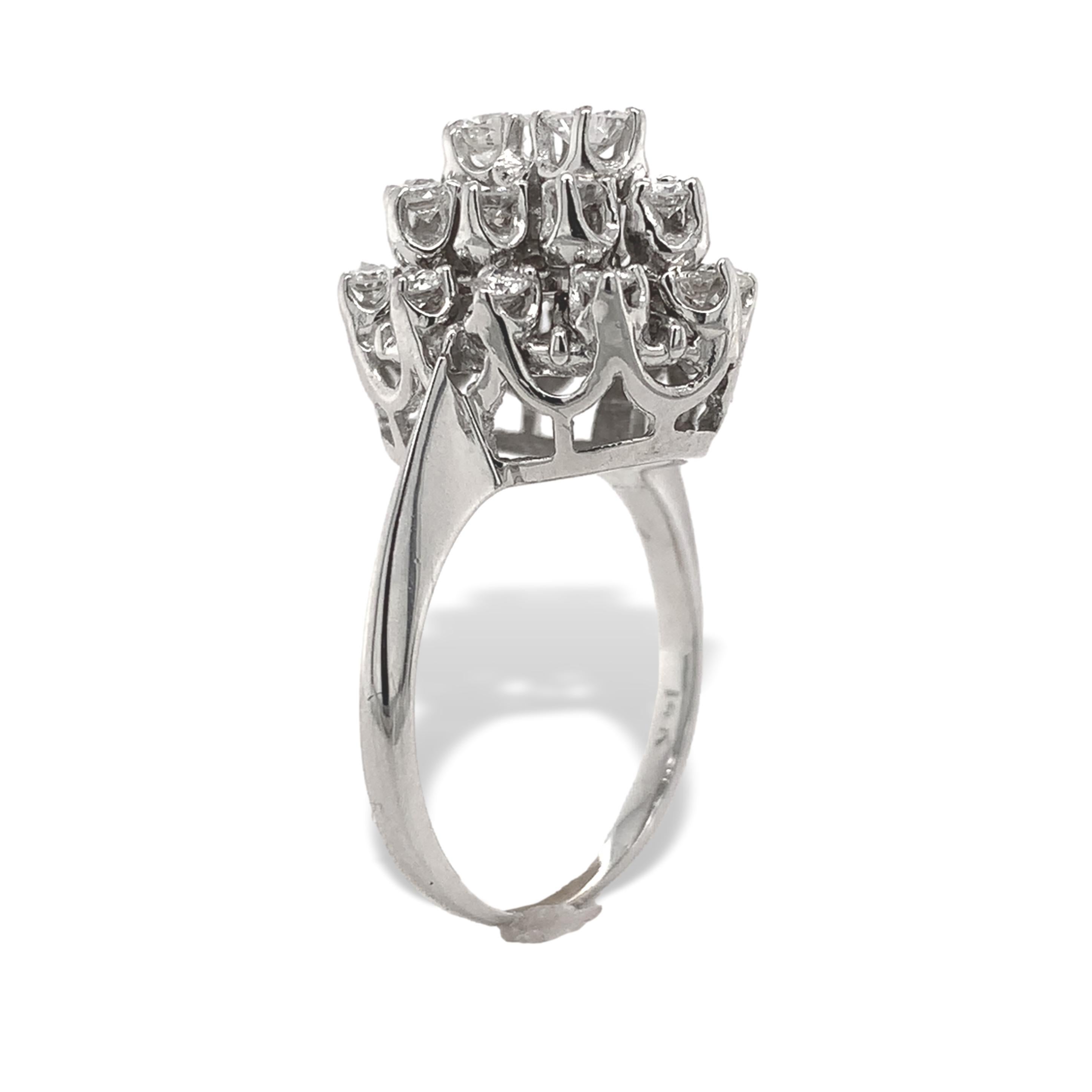 14K Weißgold 1,12 Karat tw Diamant-Cocktailring Größe 6 (Rundschliff) im Angebot