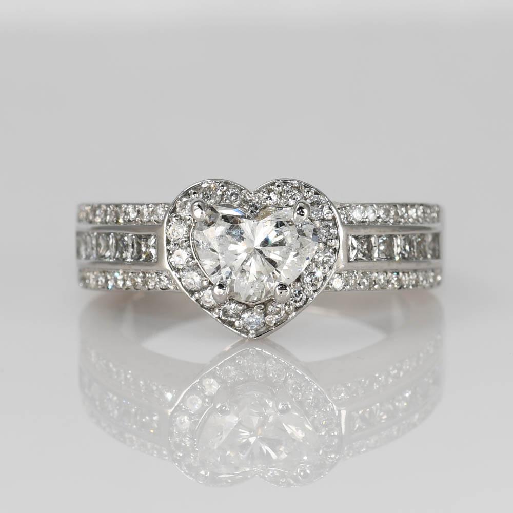 Heart Cut 14K White Gold 1.12ct Heart Diamond Ring, 2.12tdw For Sale