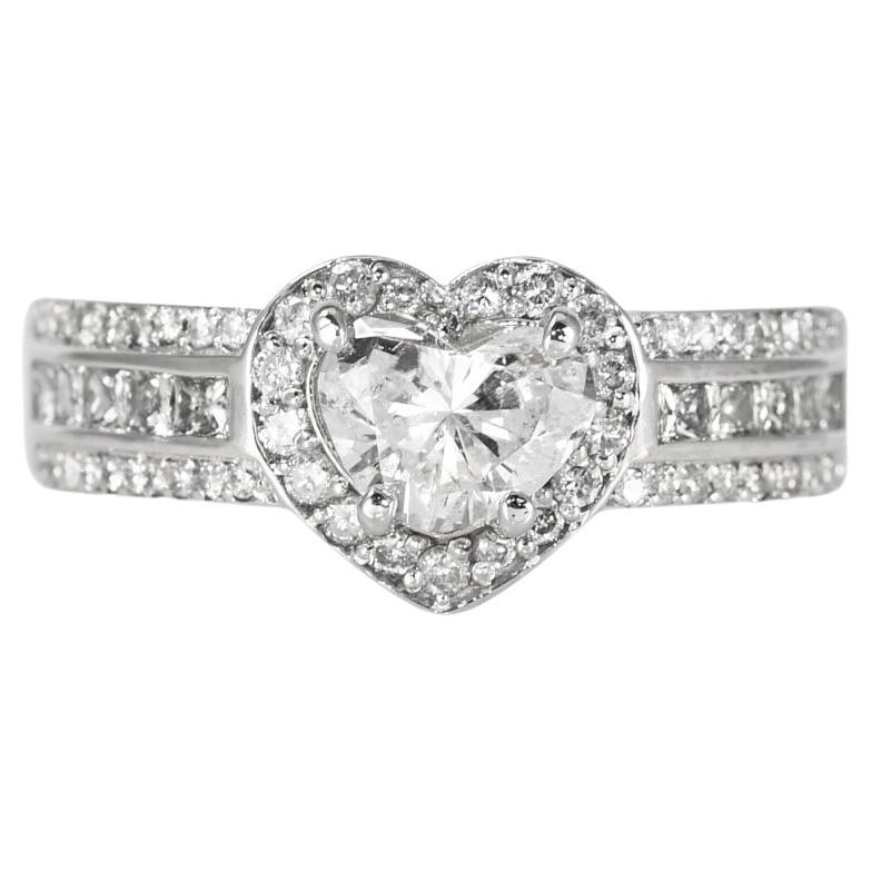 14K White Gold 1.12ct Heart Diamond Ring, 2.12tdw For Sale