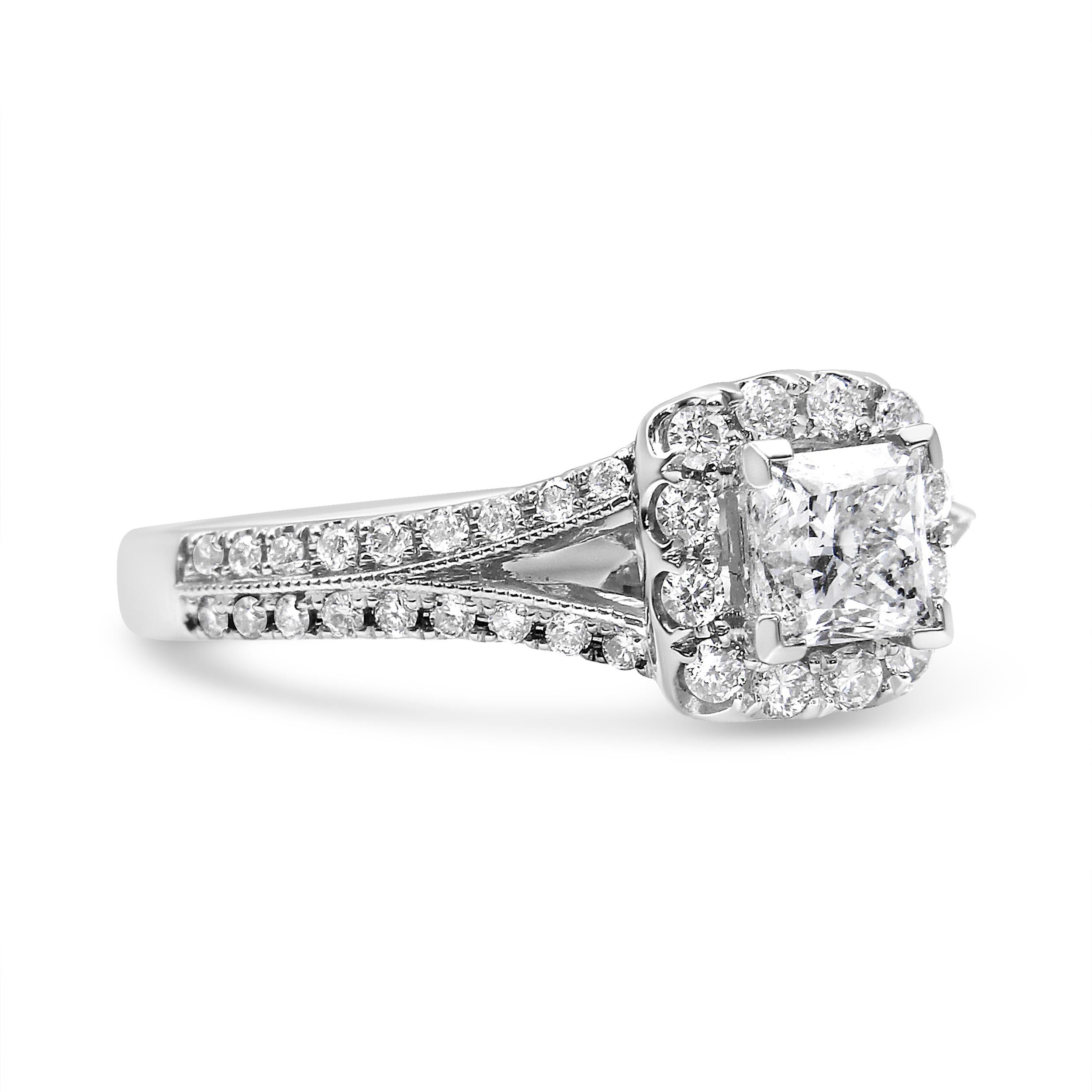 Elegant and modern, this beautiful 1.15 c.t. diamond engagement ring has a whimsical design that will stand out from the rings you've seen before. This ring is crafted in genuine 14k white gold, a metal that will stay tarnish free for years to come.