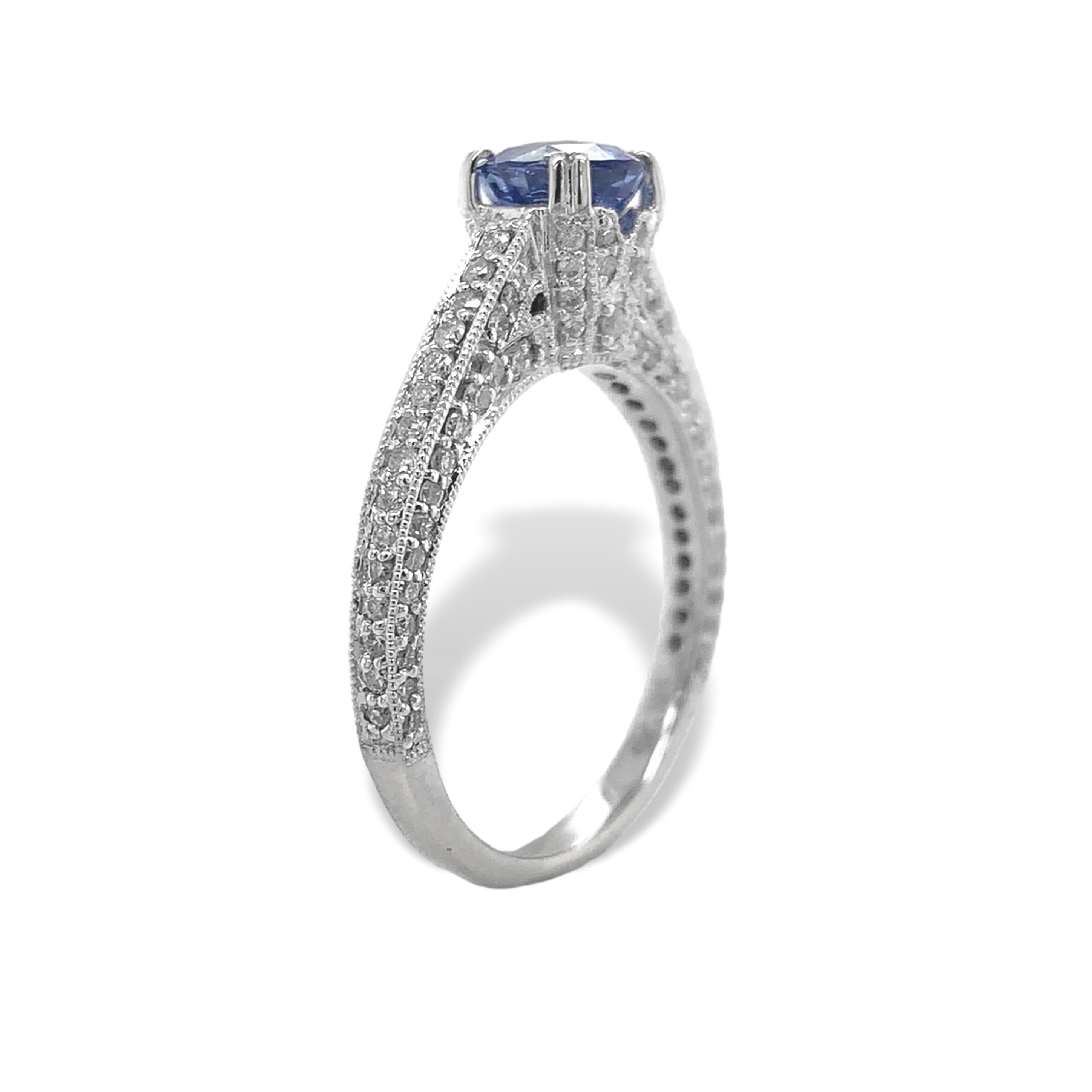 Taglio brillante Anello in oro bianco 14K con zaffiro e diamante da 1,15 carati in vendita