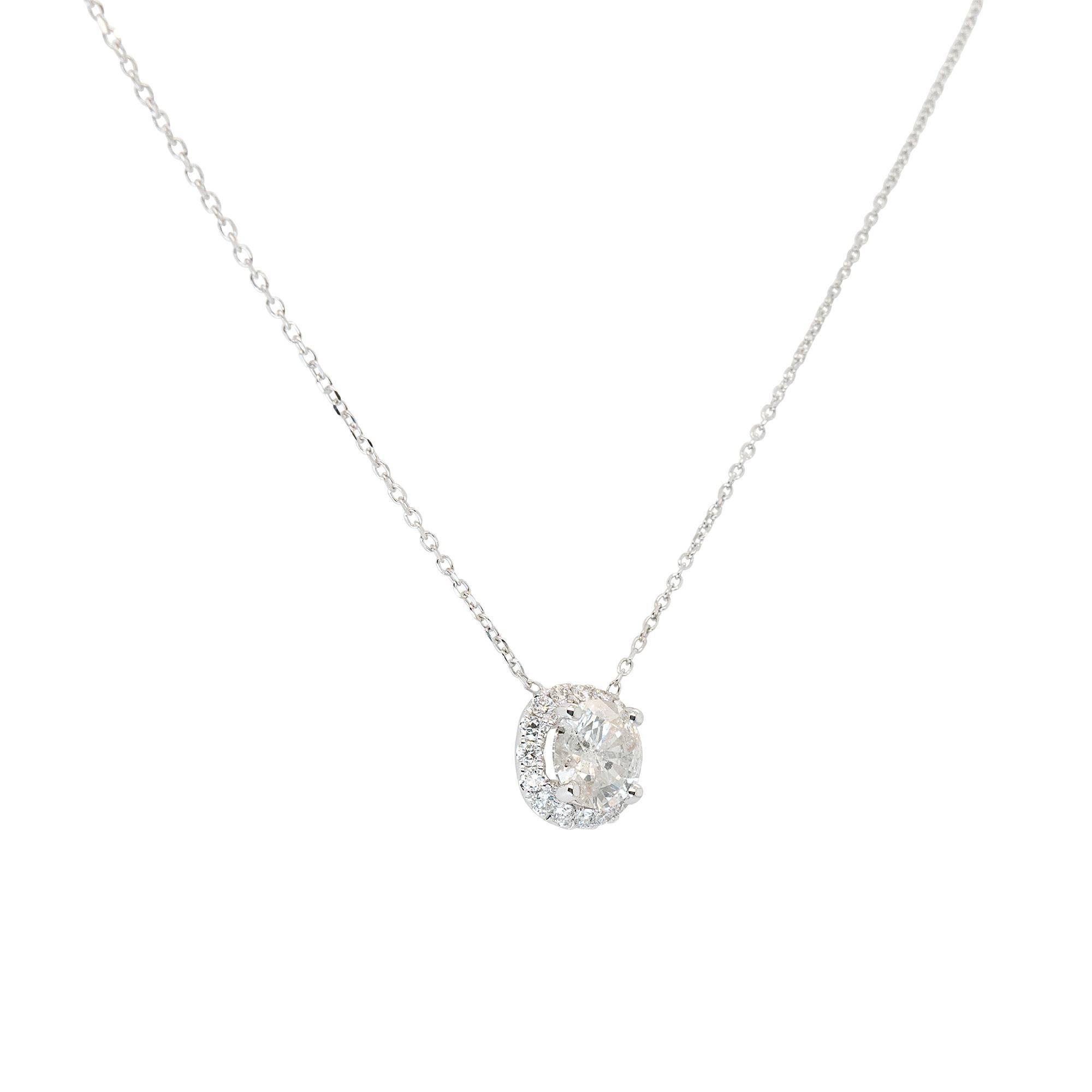 Pendant Details:
1.15ct Round Brilliant Natural Diamonds
In H Color and SI1 Clarity
6.7mm x 9.2mm x 4.3mm
Chain Details: 14k White Gold Fine Cable Chain
Chain Size: 18