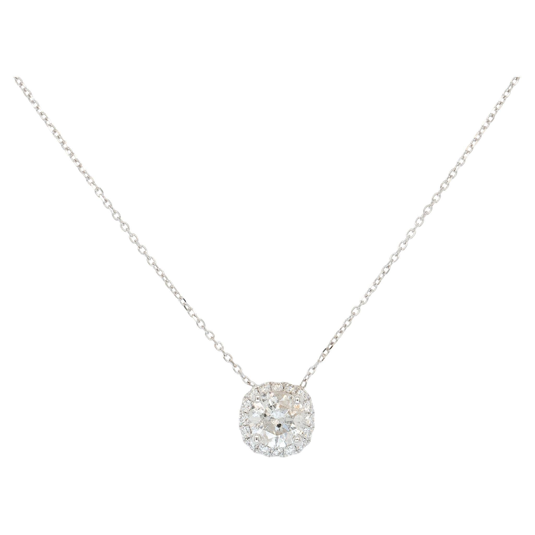 14k White Gold 1.15ct Round Brilliant Natural Diamond Pendant Necklace For Sale