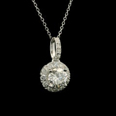 14k White Gold 1.15ctw Round Diamond Halo Classic Pendant on 17" Cable Chain