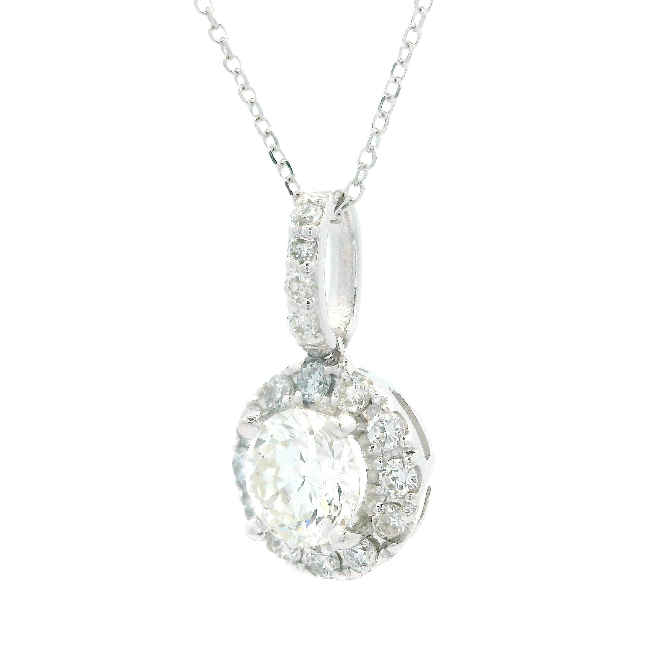 Pendentif Classique Halo en or blanc 14k 1.15ctw diamant rond sur chaîne de 17