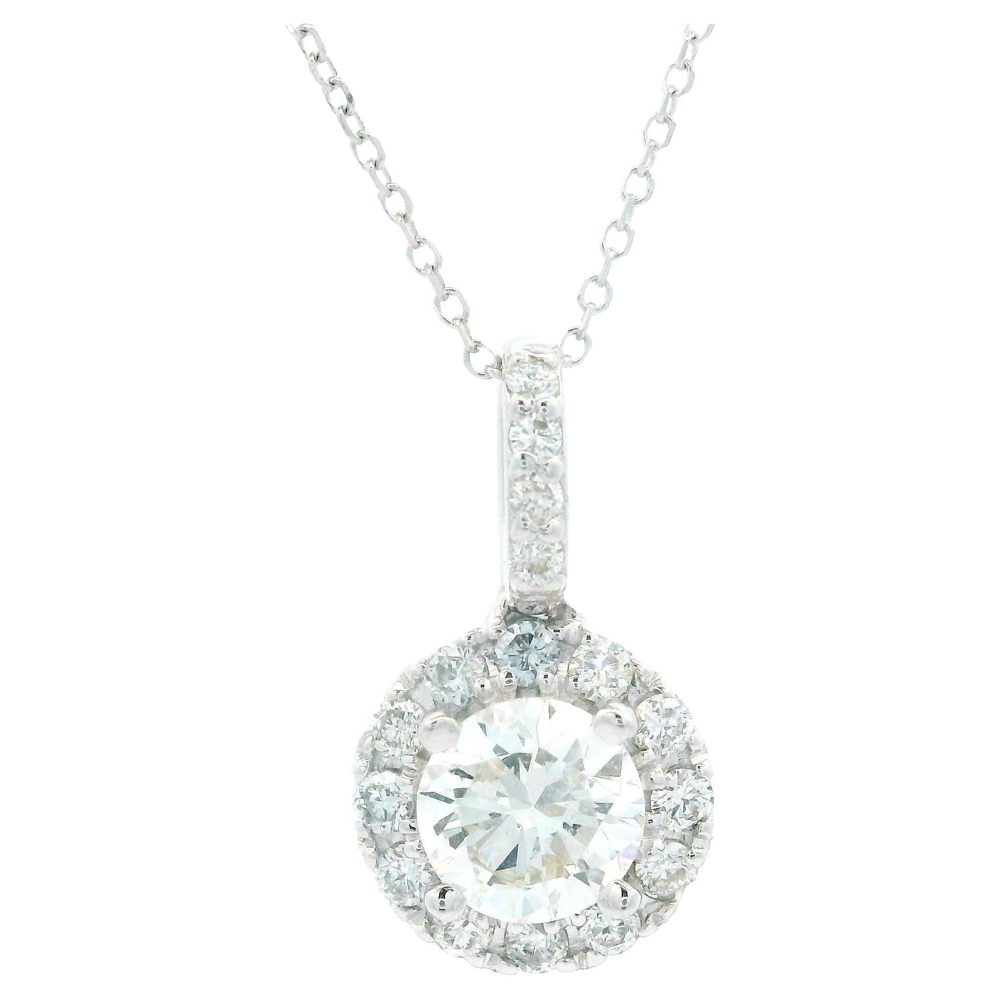 14k White Gold 1.15ctw Round Diamond Halo Classic Pendant on 17" Cable Chain