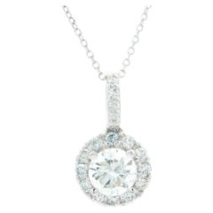 14k White Gold 1.15ctw Round Diamond Halo Classic Pendant on 17" Cable Chain