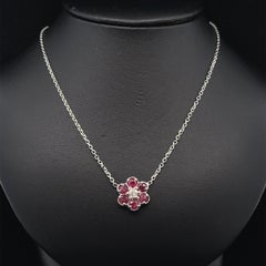 14k White Gold 1.15ctw Ruby & Diamond Cluster Flower Pendant Necklace