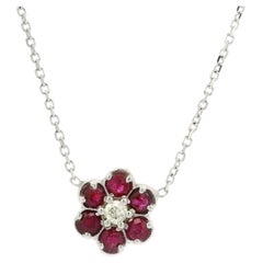 14k White Gold 1.15ctw Ruby & Diamond Cluster Flower Pendant Necklace