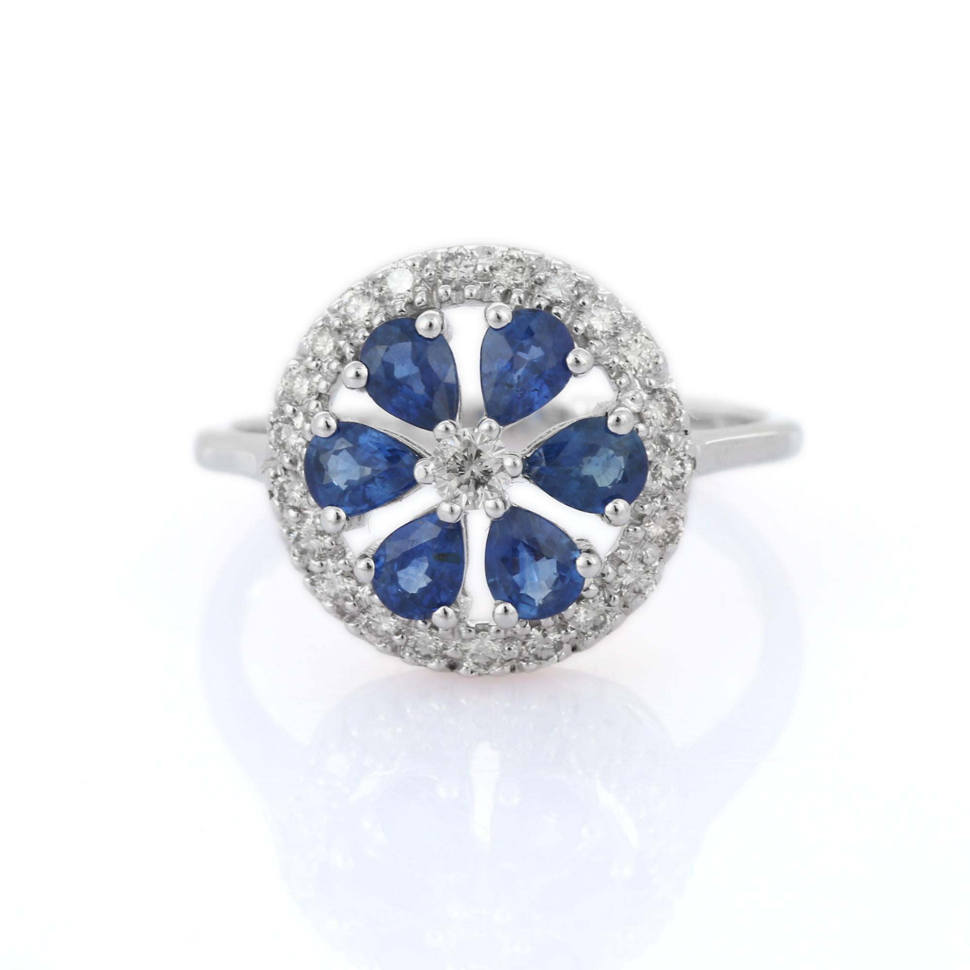For Sale:  Estate 14k Solid White Gold Diamond and Blue Sapphire Flower Cocktail Ring 2
