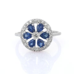 Estate 14k Solid White Gold Diamond and Blue Sapphire Flower Cocktail Ring