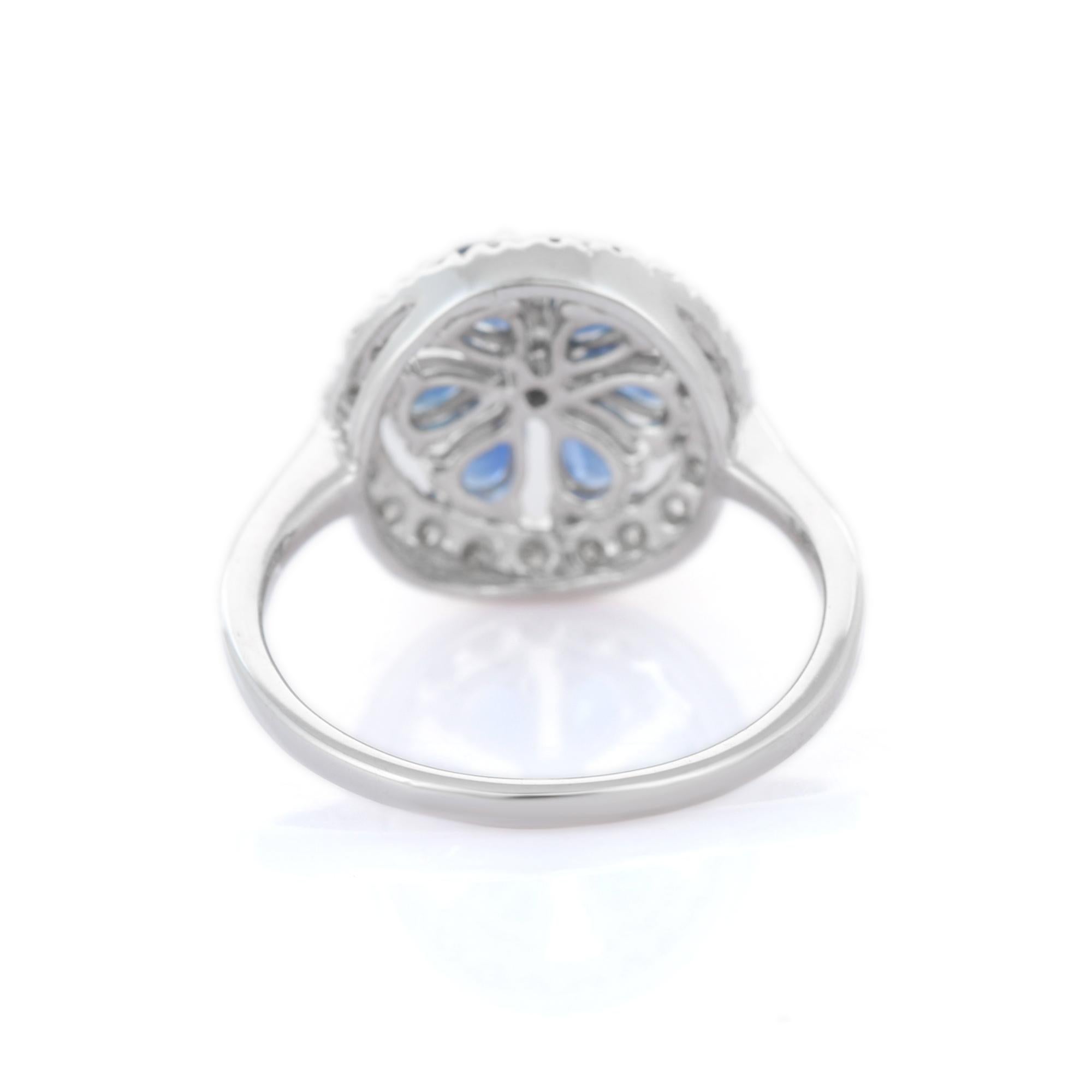 For Sale:  Estate 14k Solid White Gold Diamond and Blue Sapphire Flower Cocktail Ring 3