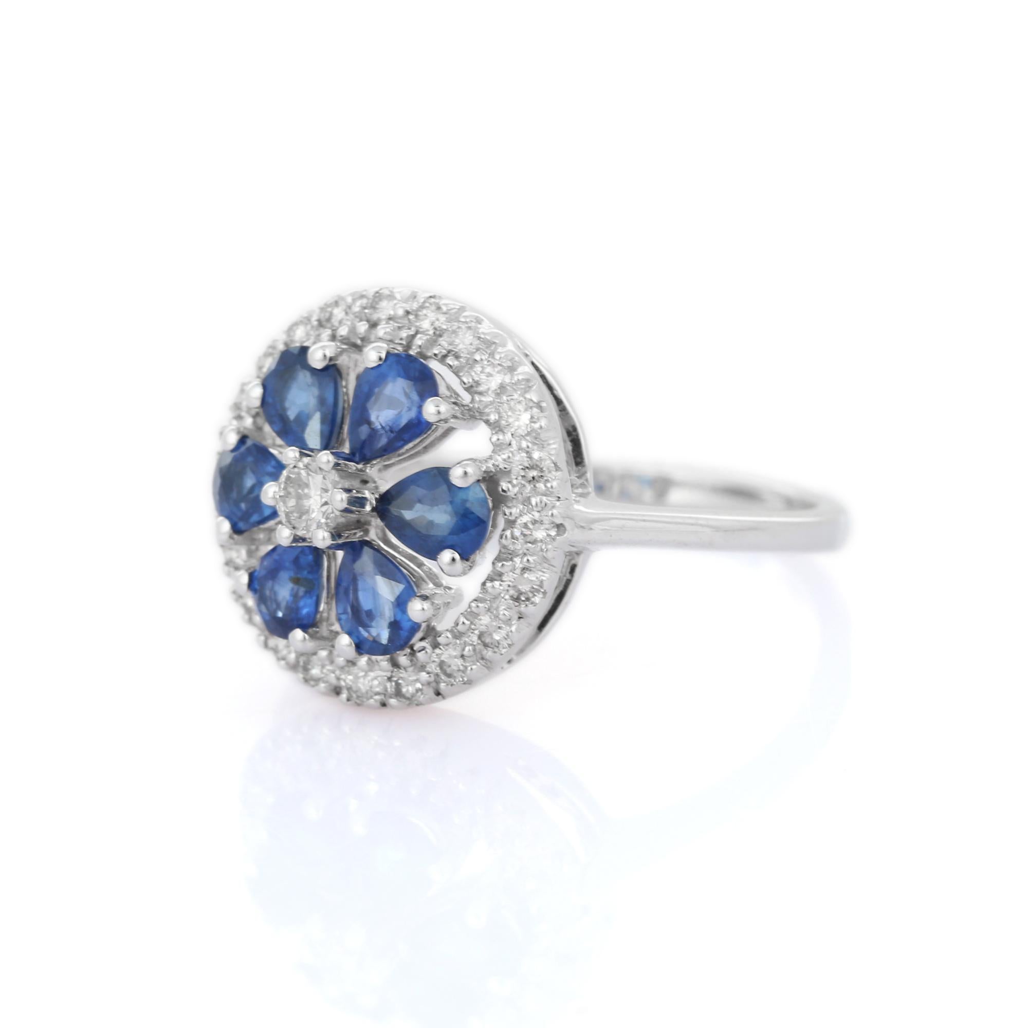 For Sale:  Estate 14k Solid White Gold Diamond and Blue Sapphire Flower Cocktail Ring 4