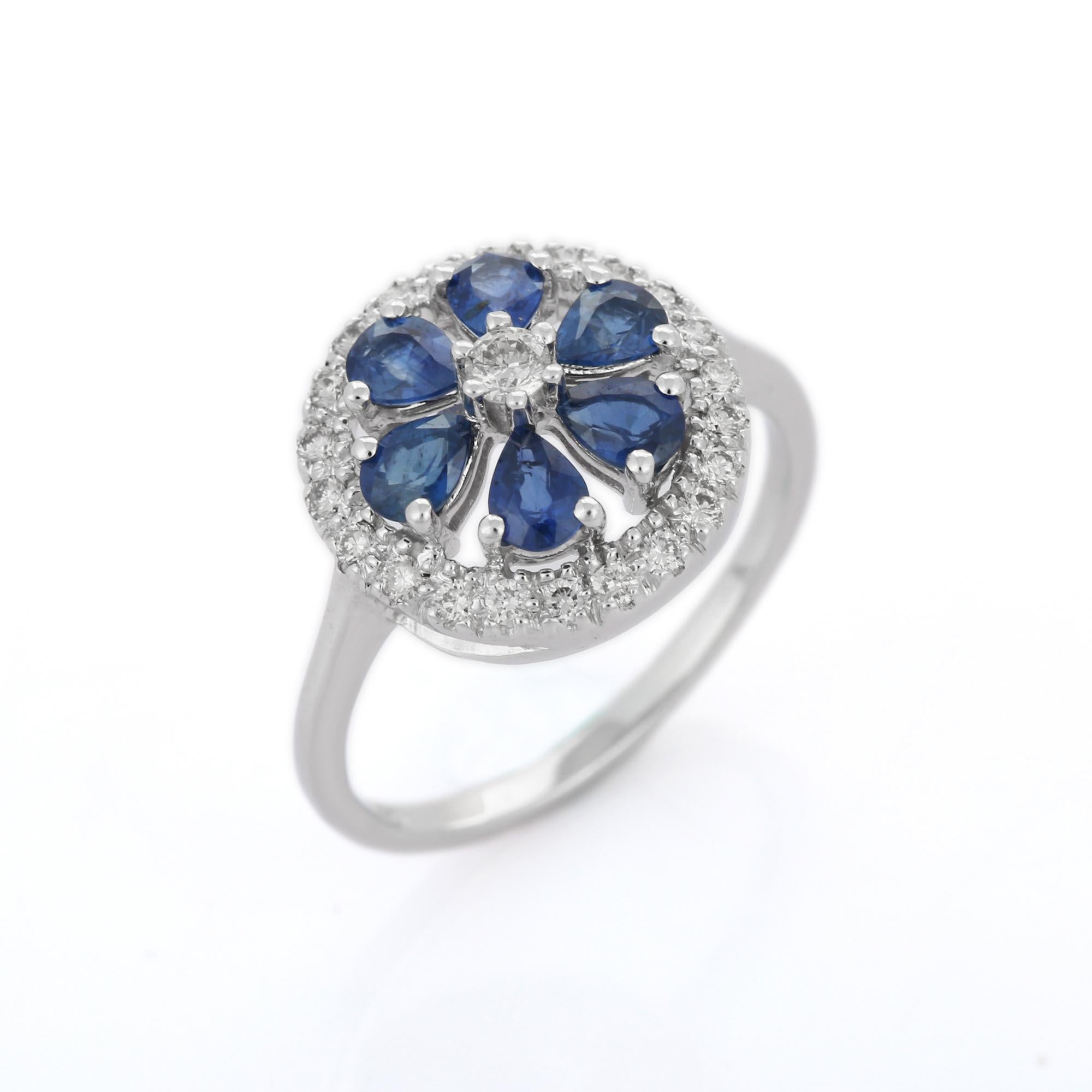 For Sale:  Estate 14k Solid White Gold Diamond and Blue Sapphire Flower Cocktail Ring 5