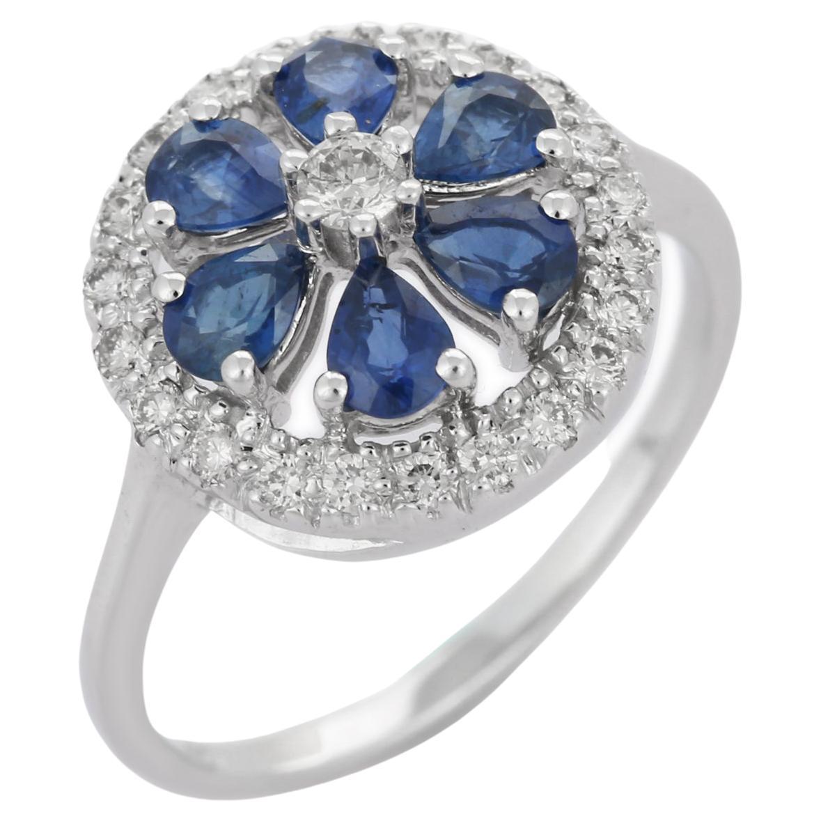 Bague cocktail fleur en or blanc massif 14 carats avec diamants et saphirs bleus