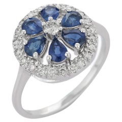 14K White Gold 1.16 ct Blue Sapphire Flower Cocktail Ring with Diamonds Around
