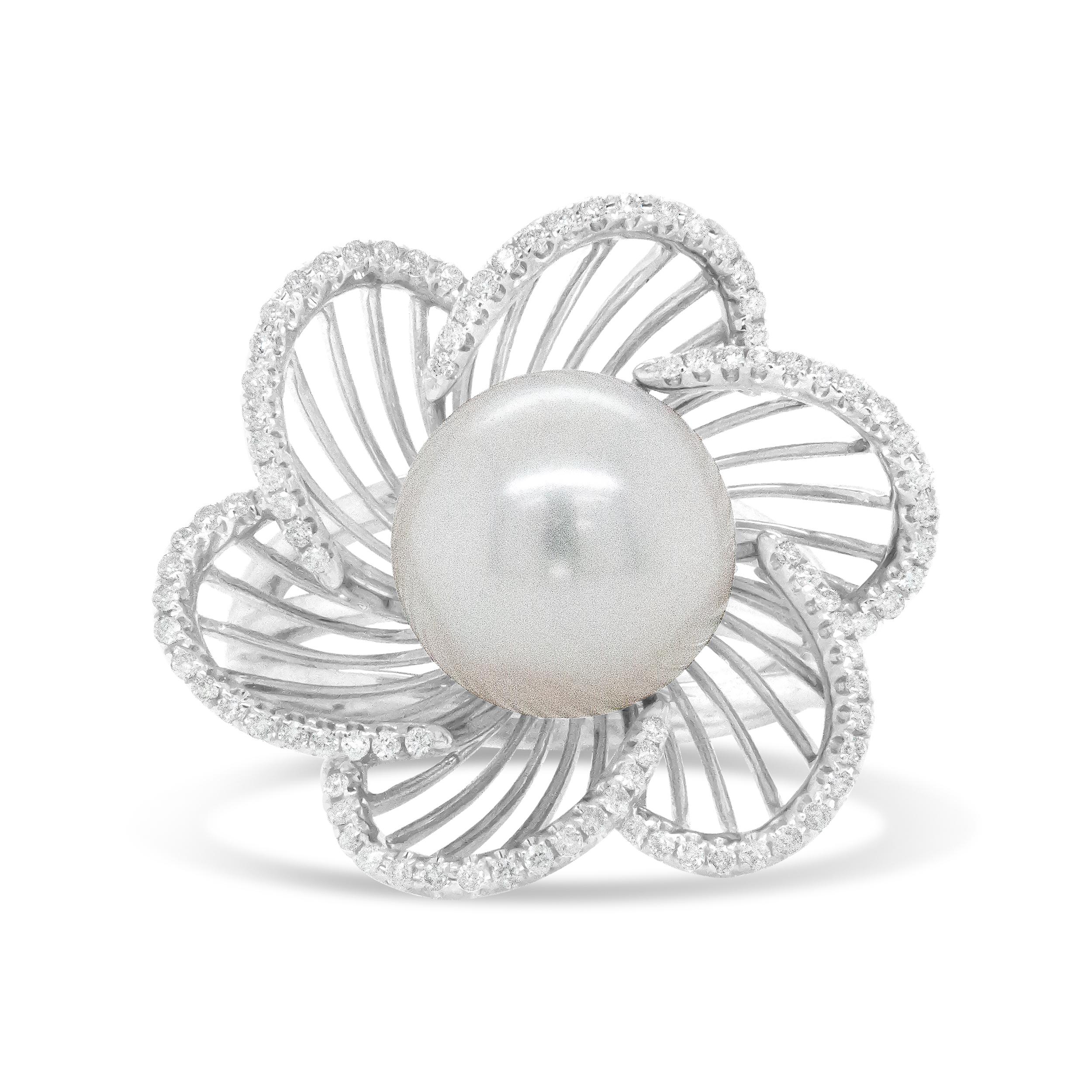 The timeless style of this stunning 14k white gold ring will always be in season. In a floral motif, this ring features an elegant 11mm round pearl at its center. The precious metal stretches out in an openwork design that mimics the petals of a