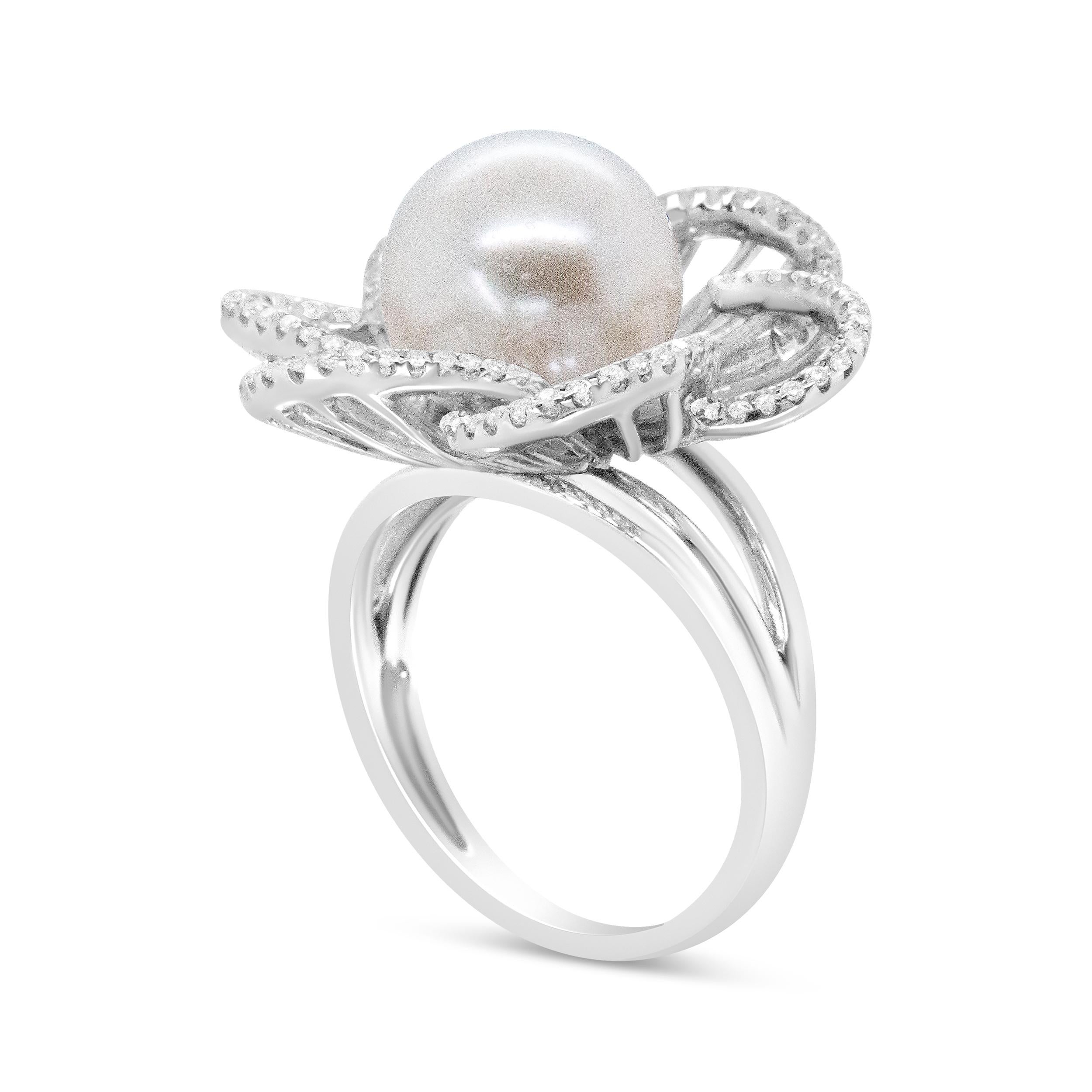 Contemporary 14K White Gold Pearl and 1/3 Carat Diamond Openwork Flower Blossom Ring For Sale