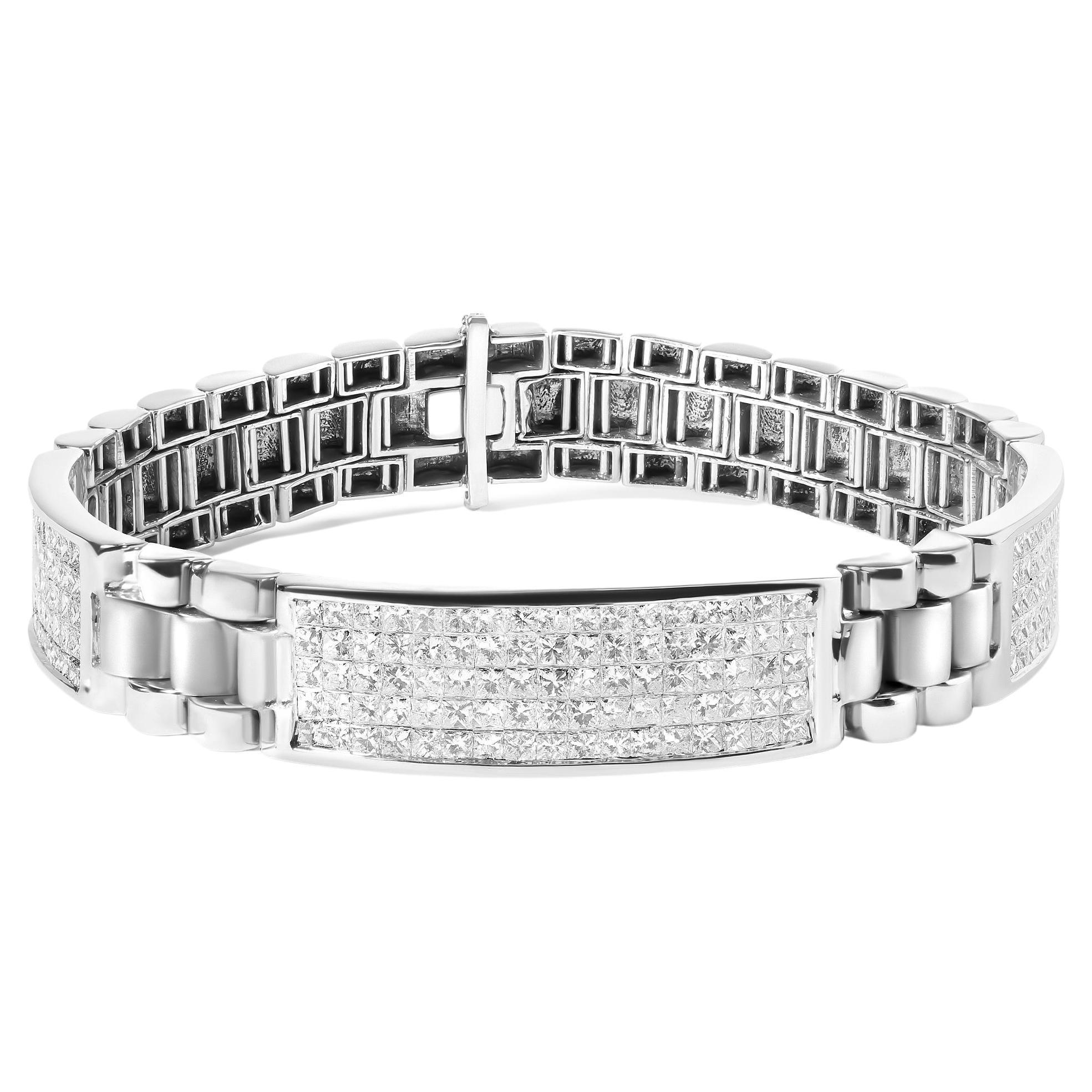 14k White Gold 12.0 Carat Men's Invisible Set Princess Diamond Tennis Bracelet