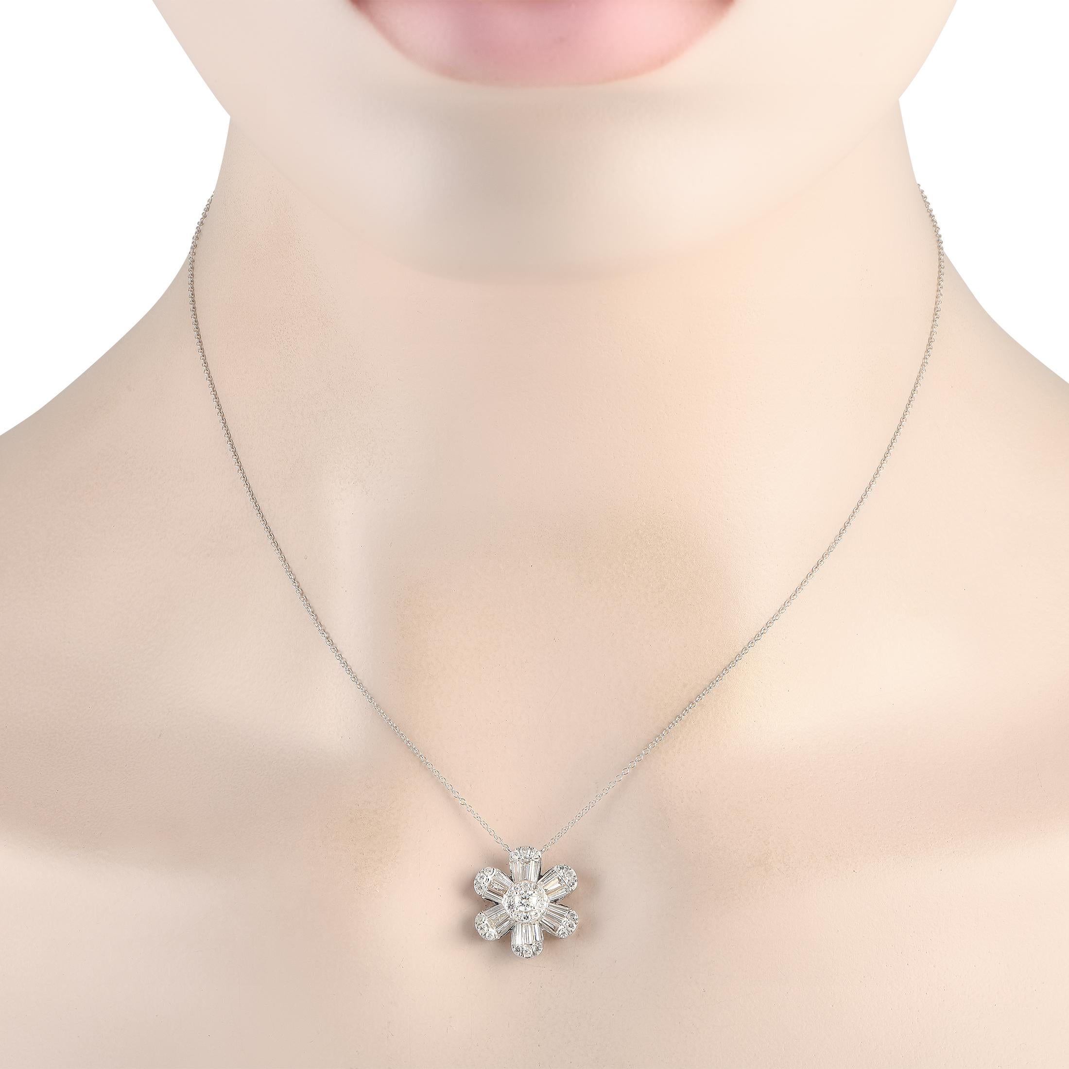 A stunning floral-shaped pendant measuring 0.65 round makes this necklace instantly captivating. Diamonds with a total weight of 1.20 carats also allow it to sparkle and shine every time it catches the light. Crafted from opulent 14K white gold, it