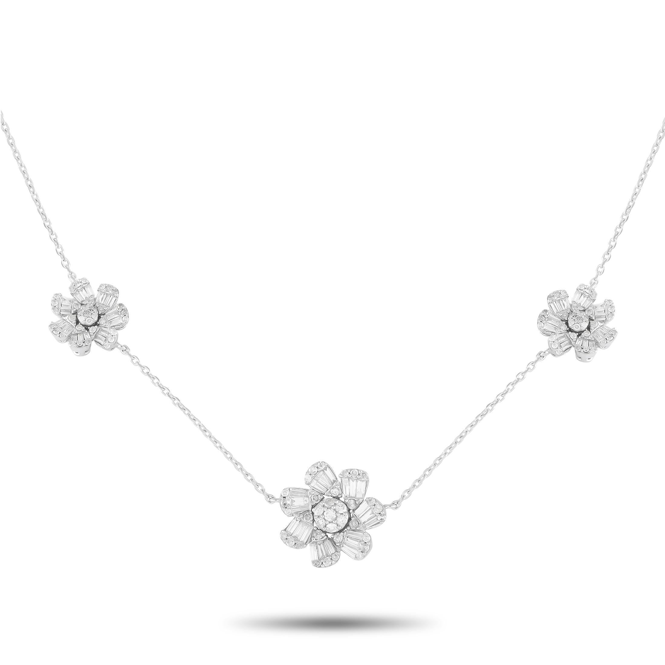 14K White Gold 1.20ct Diamond Three Flower Necklace NK01360 In New Condition In Southampton, PA