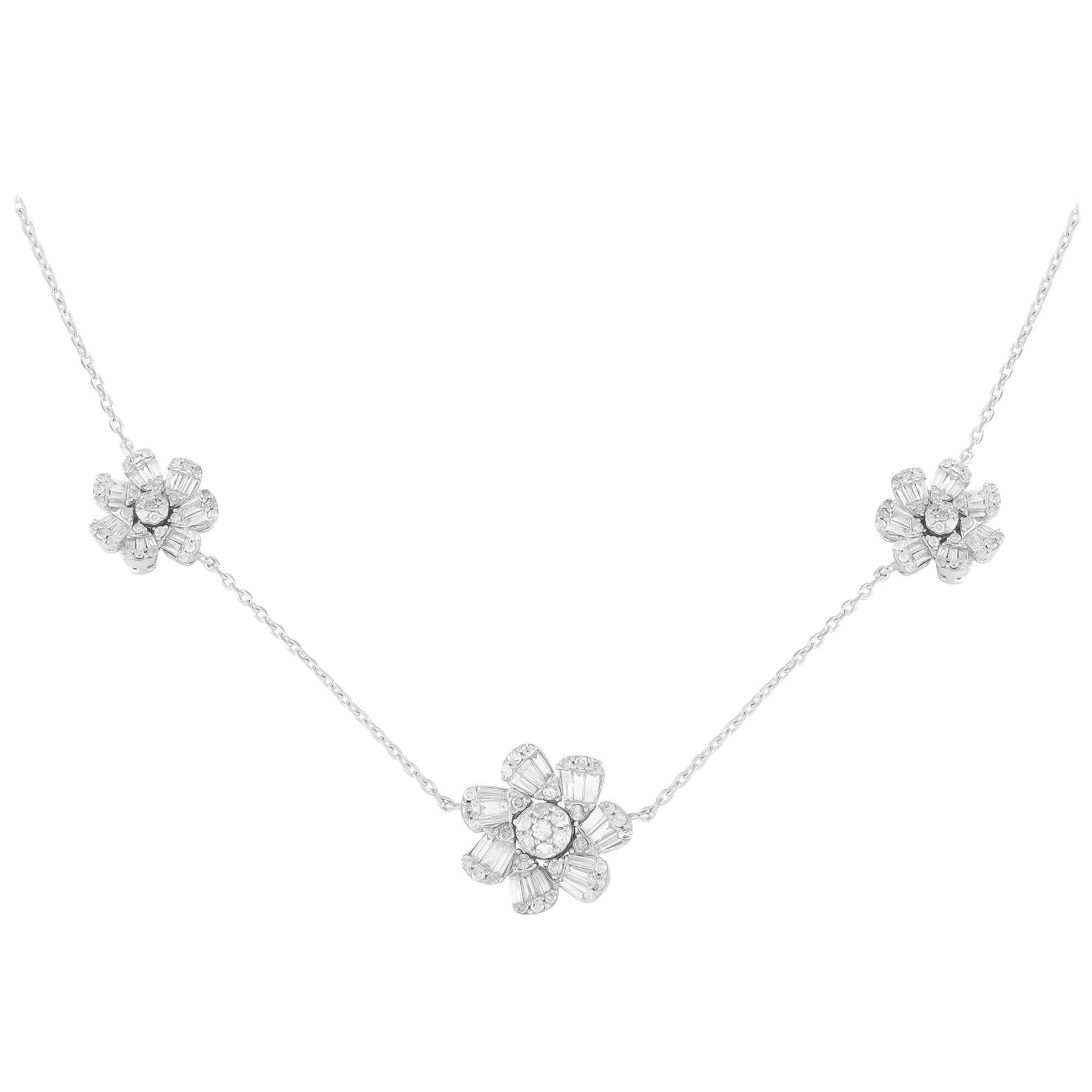 14K White Gold 1.20ct Diamond Three Flower Necklace NK01360 For Sale