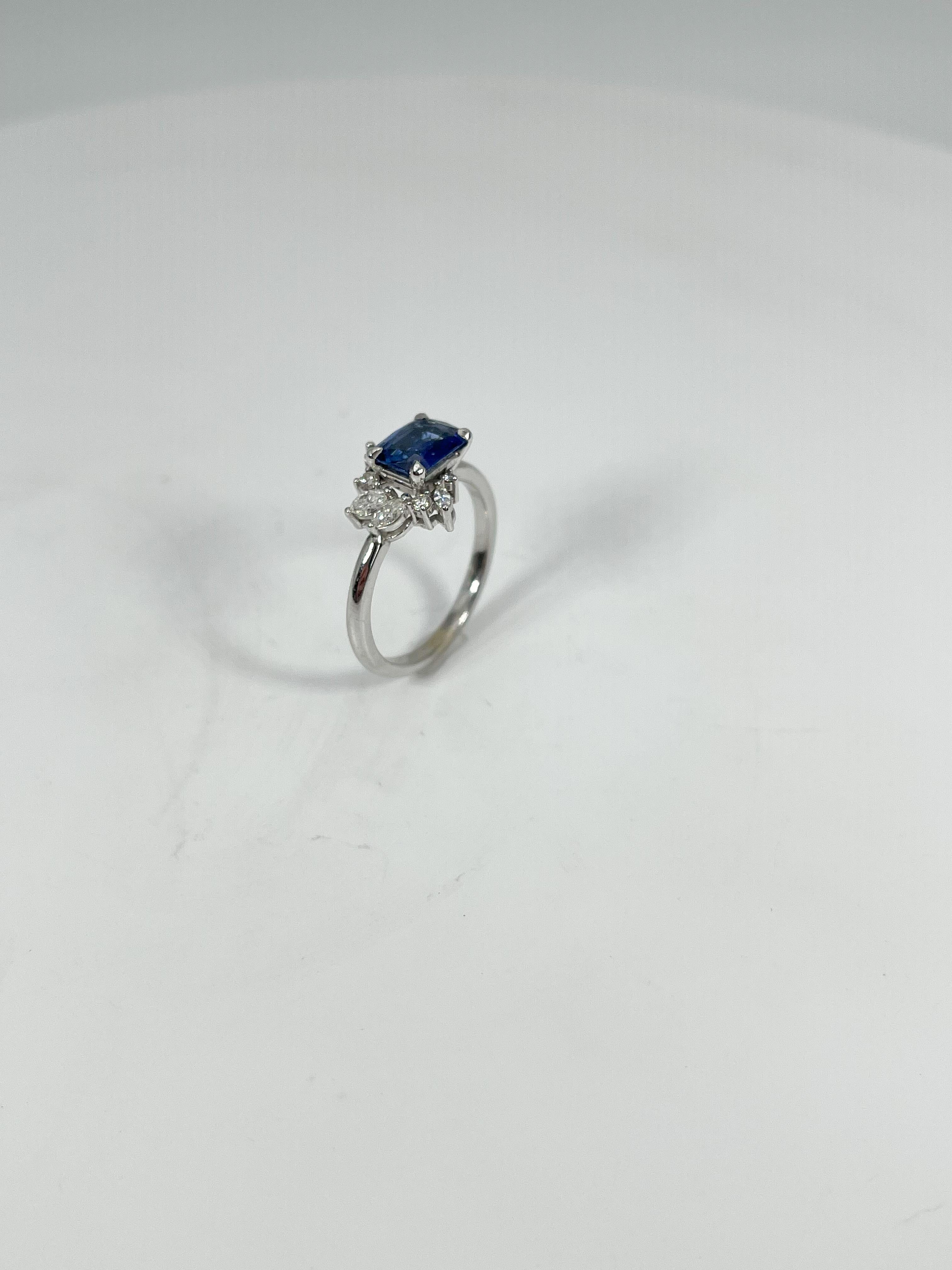 Radiant Cut 14K White Gold 1.21 Ct Sapphire and Diamond Fashion Ring For Sale