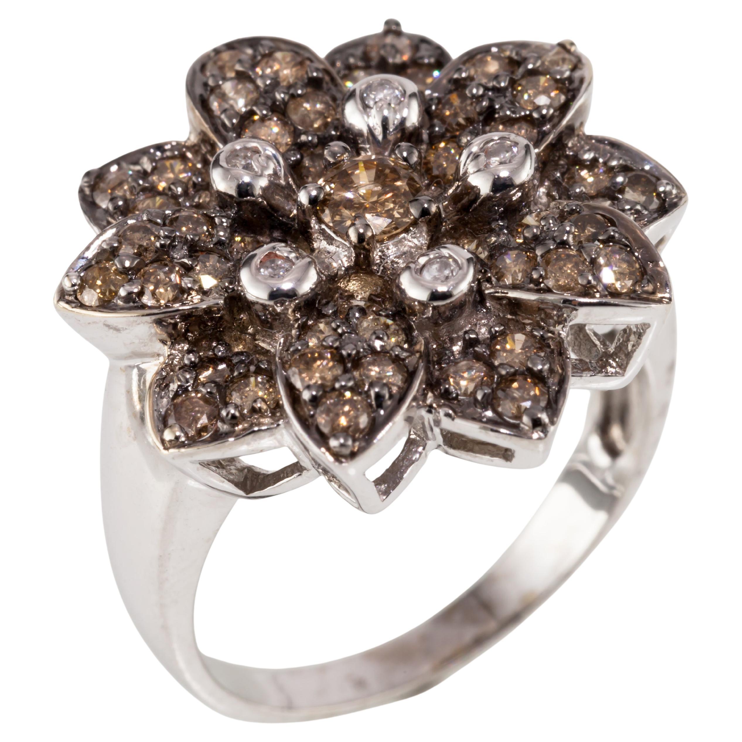 14K White Gold 1.22 Carat Chocolate & White Diamonds Flower Ring, Size 7
